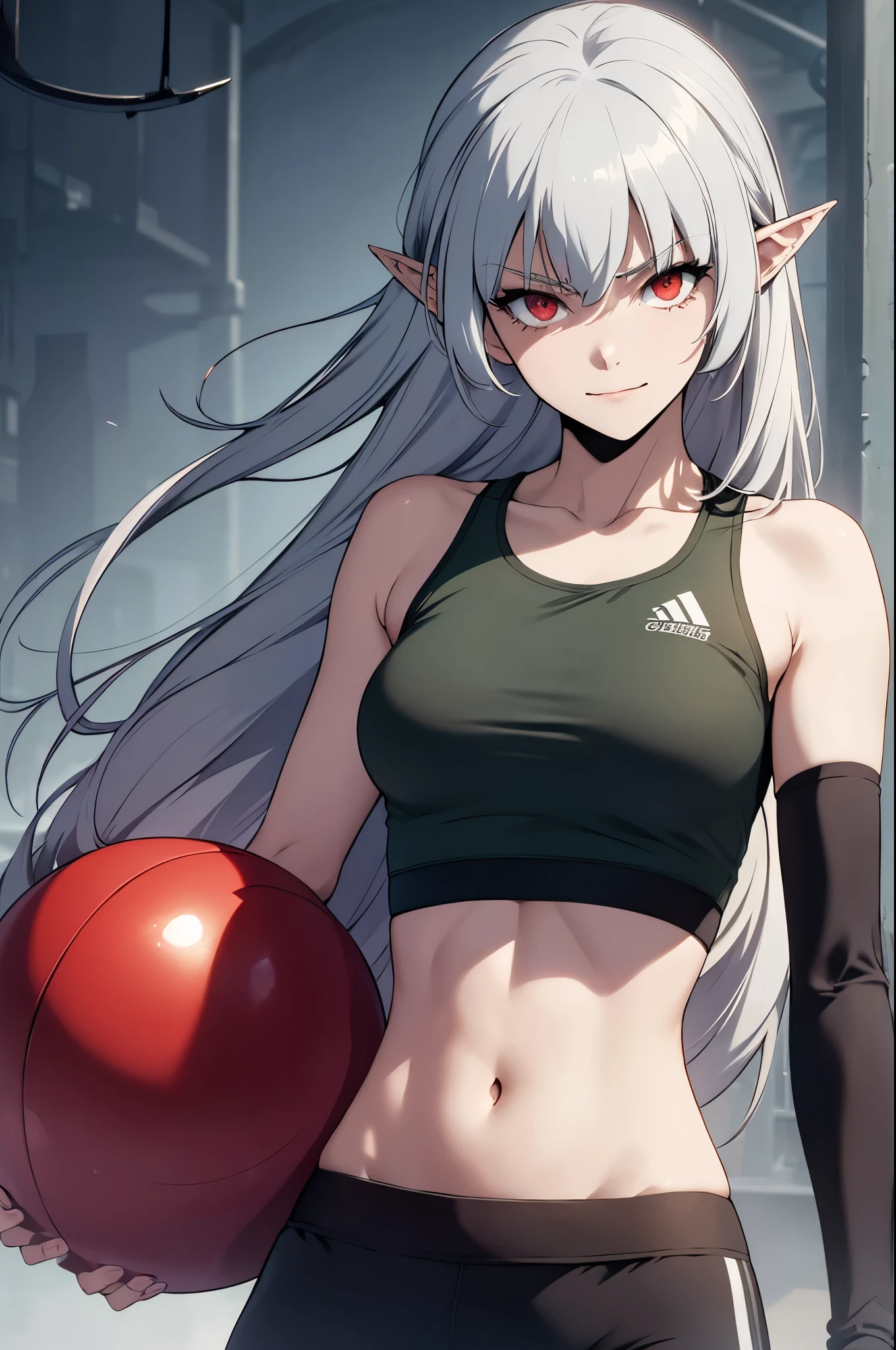 alice,vampire,grey hair, long hair, red eyes, pointy ears, small breasts,alice,vampire,grey hair, long hair, red eyes, pointy ears, small breasts,, best quality, photorealistic, yujiasuit, yoga sports bra, yoga pants, 1girl, solo, , yoga ball, pants, looking at viewer, smile, green sports bra, simple background, , midriff, long hair, breasts, green pants, sportswear, tank top, upper body,
