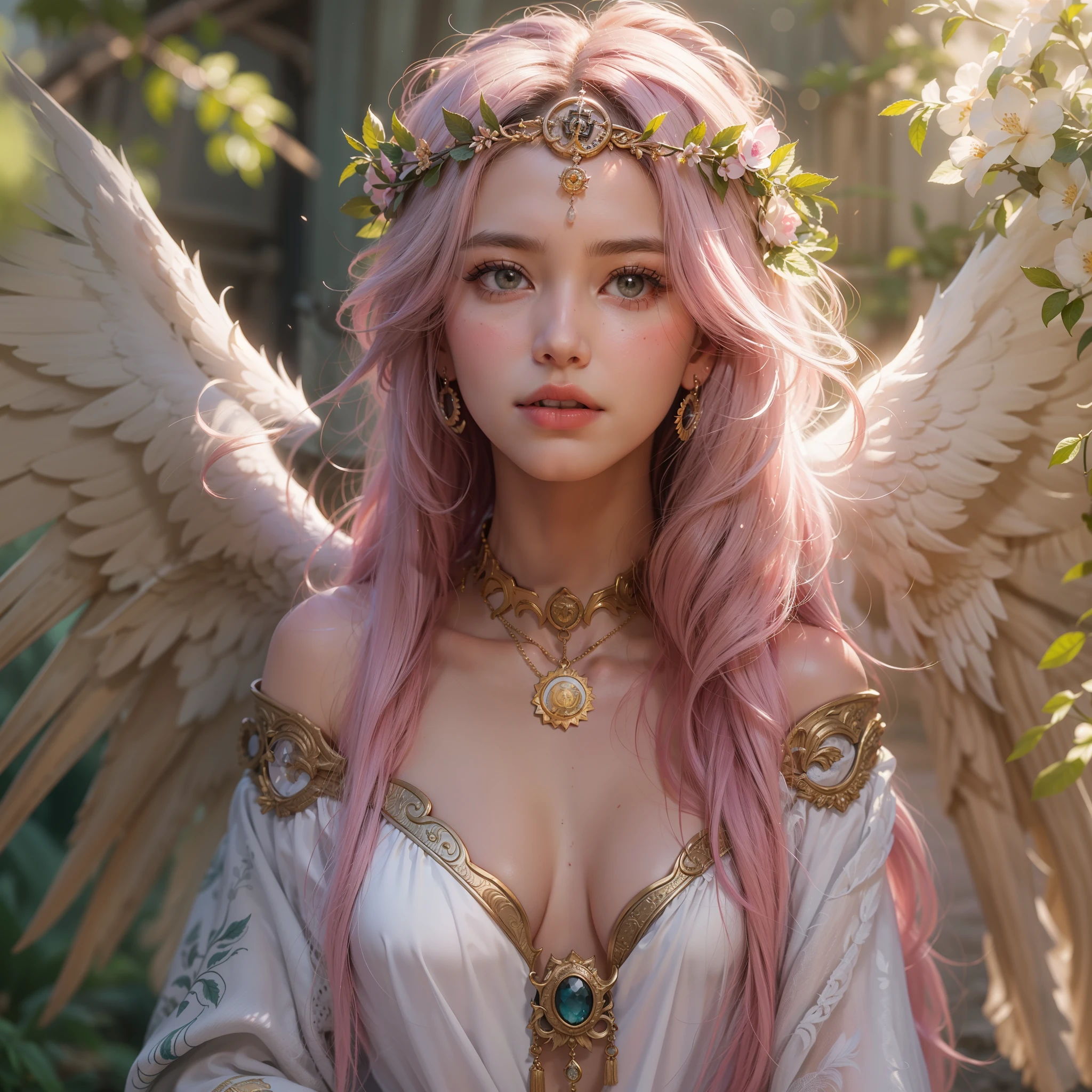 (award-winning masterpieces galore, incredibly detailed, textured and maximally detailed), (hyper realistic:1.4), (realistic:1.3), (top quality realistic textured skin), (dense perfect circle symmetrically beautifully rendered eyes), (angelic light Circle of Divine Radiance Overhead: 1.8), ((Medieval World)), (Black Angel of the Lord or White Angel of the Lord: 1.6), (Full Length Standing Image: 1.8), (Beautiful Kind Eyes), (Loving Beautiful Colored Eyes), (Magnificent Cloud Masses and Sky), (Halo Optical Phenomenon: 1.3), (Dramatic light), (majestic scene), (so beautiful in its expression of serenity and tenderness), ((big old wings with pure white feathers behind shoulders)), flower earrings on ears, (((dramatic photo))), (twilight), (sunset), (dusk), (sacred pose)), (pink hair), (chestnut hair ), flower garden, (elaborately crafted necklace around her neck), old ruins infested with plants, great temple, cathedral, ruins of temple, temple away from temple, (glowing magic circle), ruins of ancient castle, deserted ruins, crumbling ruins, ancient ruins with clear water, holy light, epic realistic, ((neutral color )), (HDR:1.5), (subdued colors:1.2), highly detailed, cinematic, warm light, dramatic light, (complex details:1.1), complex background, petals, pastel colors