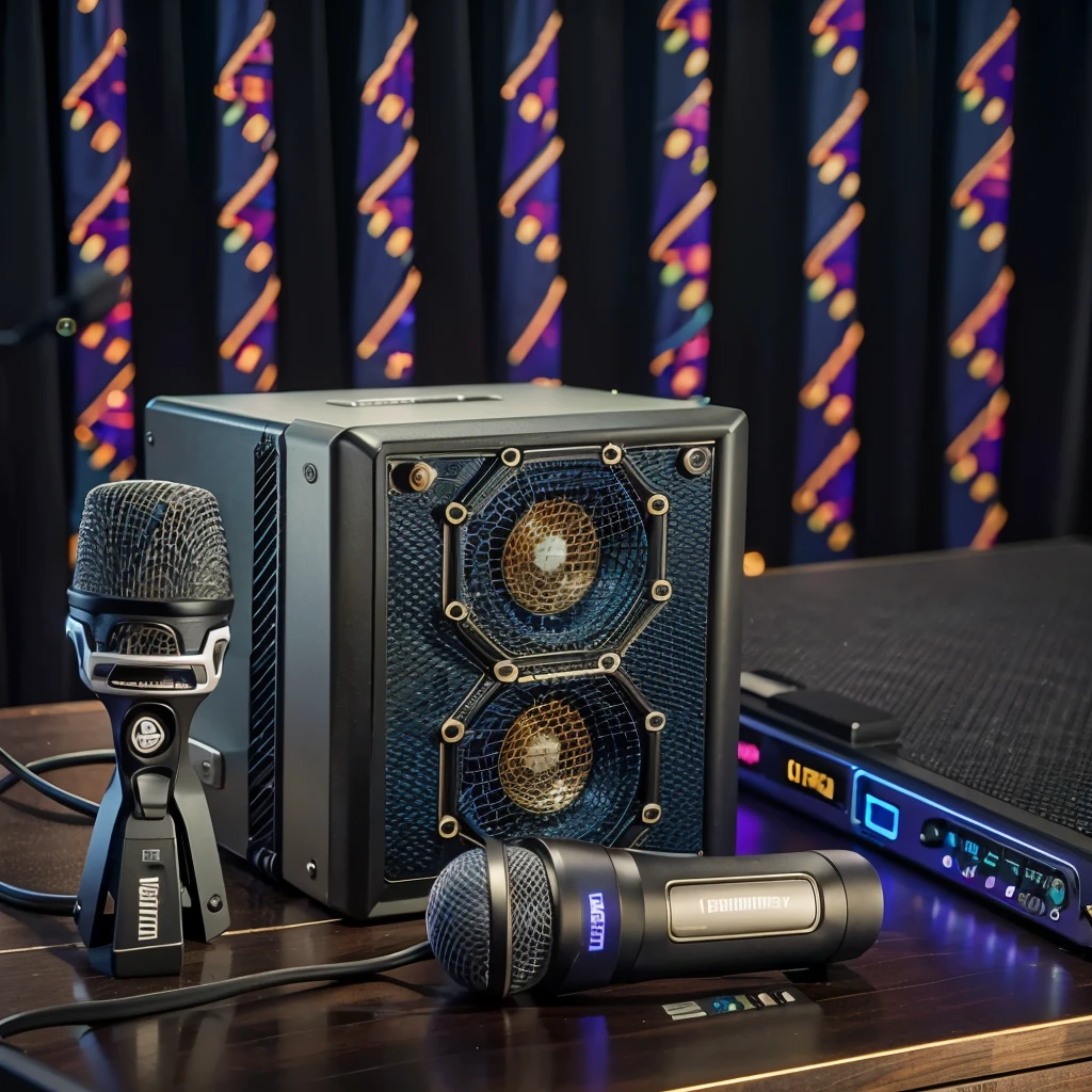 a close up of a microphone and a speaker on a table, speakers, table with microphones, audio equipments, full - view, 360*, sennheiser, 2020, 2 0 2 0, 2 0 1 9, 2019, best selling, digital art h 9 6 0, new design, very high quality