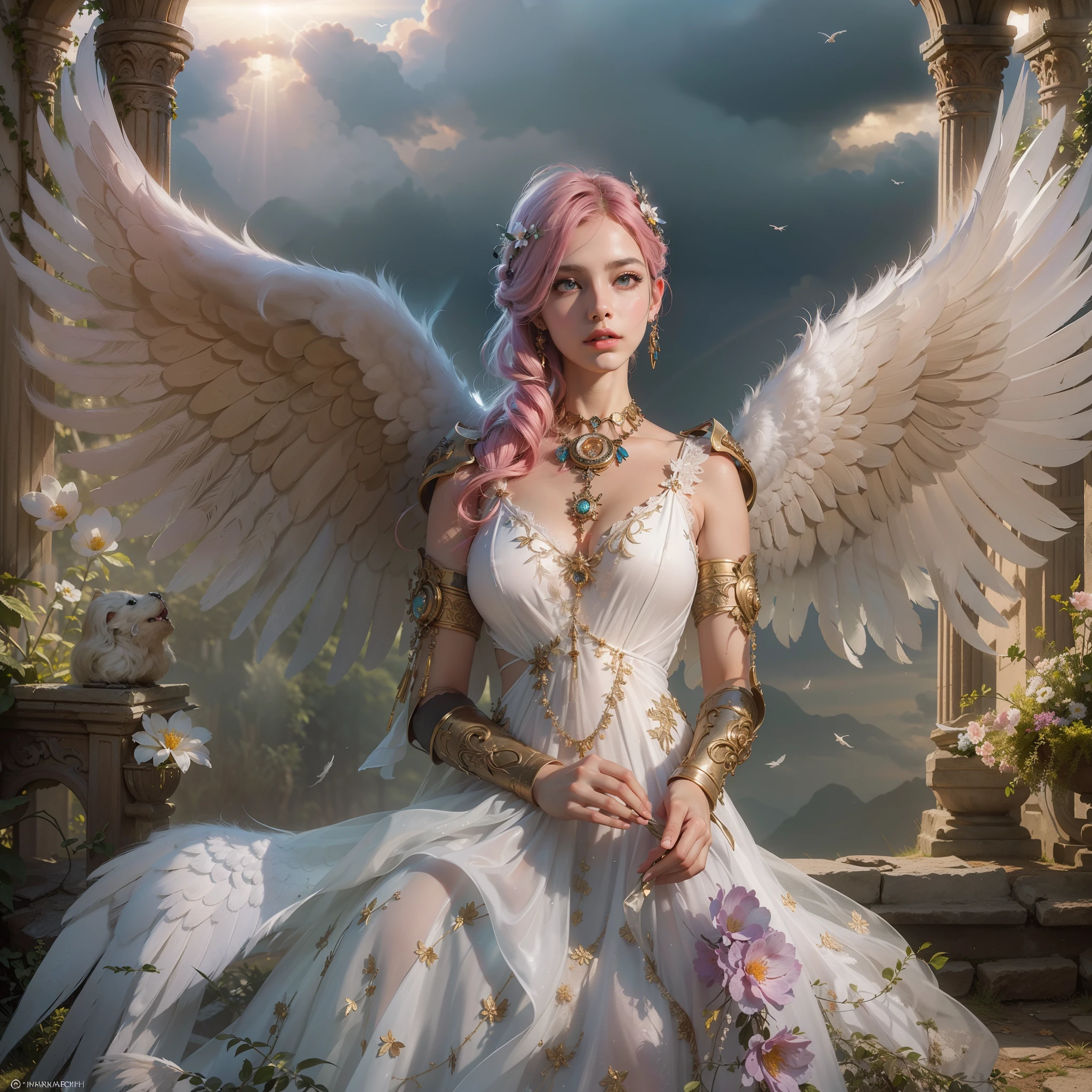 (award-winning masterpieces galore, incredibly detailed, textured and maximally detailed), (hyper realistic:1.4), (realistic:1.3), (top quality realistic textured skin), (dense perfect circle symmetrically beautifully rendered eyes), (angelic light Circle of Divine Radiance Overhead: 1.8), ((Medieval World)), (Black Angel of the Lord or White Angel of the Lord: 1.6), (Full Length Standing Image: 1.8), (Beautiful Kind Eyes), (Loving Beautiful Colored Eyes), (Magnificent Cloud Masses and Sky), (Halo Optical Phenomenon: 1.3), (Dramatic light), (majestic scene), (so beautiful in its expression of serenity and tenderness), ((big old wings with pure white feathers behind shoulders)), flower earrings on ears, (((dramatic photo))), (twilight), (sunset), (dusk), (sacred pose)), (pink hair), (chestnut hair ), flower garden, (elaborately crafted necklace around her neck), old ruins infested with plants, great temple, cathedral, ruins of temple, temple away from temple, (glowing magic circle), ruins of ancient castle, deserted ruins, crumbling ruins, ancient ruins with clear water, holy light, epic realistic, ((neutral color )), (HDR:1.5), (subdued colors:1.2), highly detailed, cinematic, warm light, dramatic light, (complex details:1.1), complex background, petals, pastel colors、Window