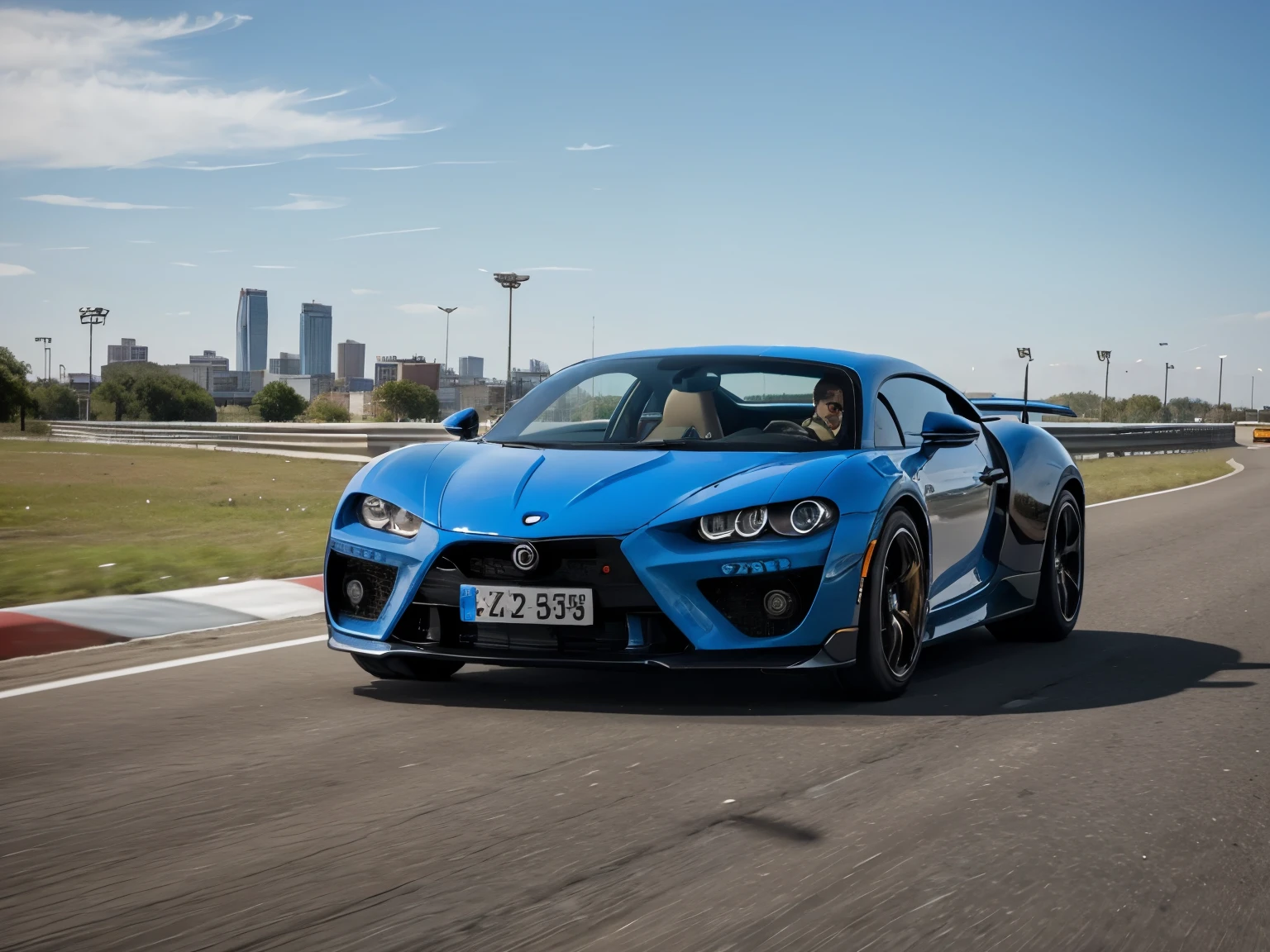 Sport car, Buggati Chiron, running on highway, city background, daytime, no one, far view, high details, 8k quality, masterpiece