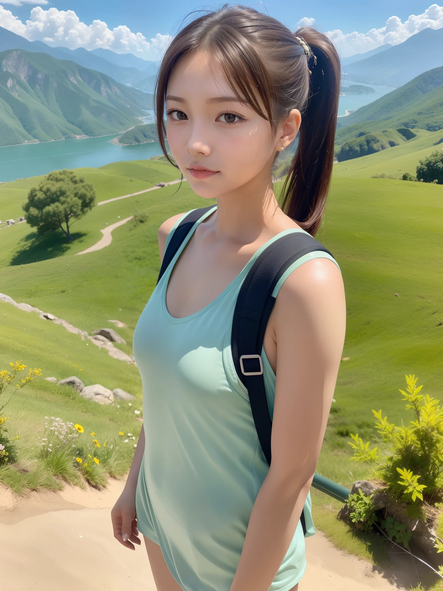 ((of the highest quality, 8K, masutepiece: 1.3, Raw photo)), Sharp Focus: 1.2, (1 AESPA Girl :1.2), (SOLO: 1.22), (Realistic, Photorealistic: 1.37), (Face Focus: 1.1), Cute face, hyperdetailed face, Nature scape photography, (mountain climbing; Carrying a backpack: 1.1), (full nude: 1.2), (small breasts, flat chest, thigh: 1.1), (short messy hair, High ponytail),