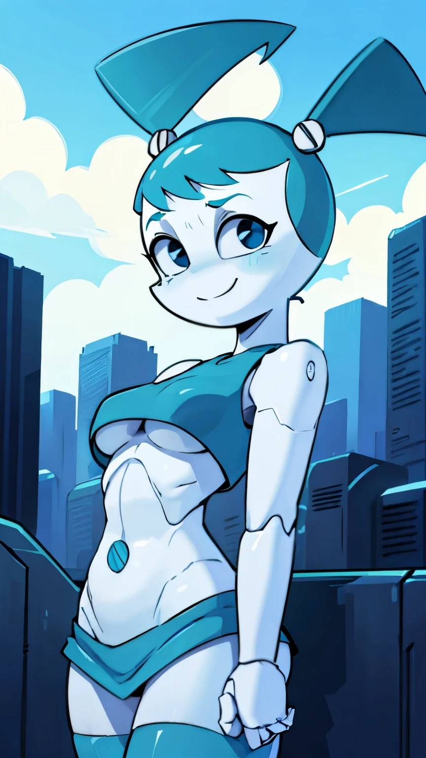 High quality portrait of Jenny Wakeman fighting aliens in a futuristic city. Day time. Smirk. Robot body, robot joints. Blue bolt on belly button, blue mini skirt, under boob