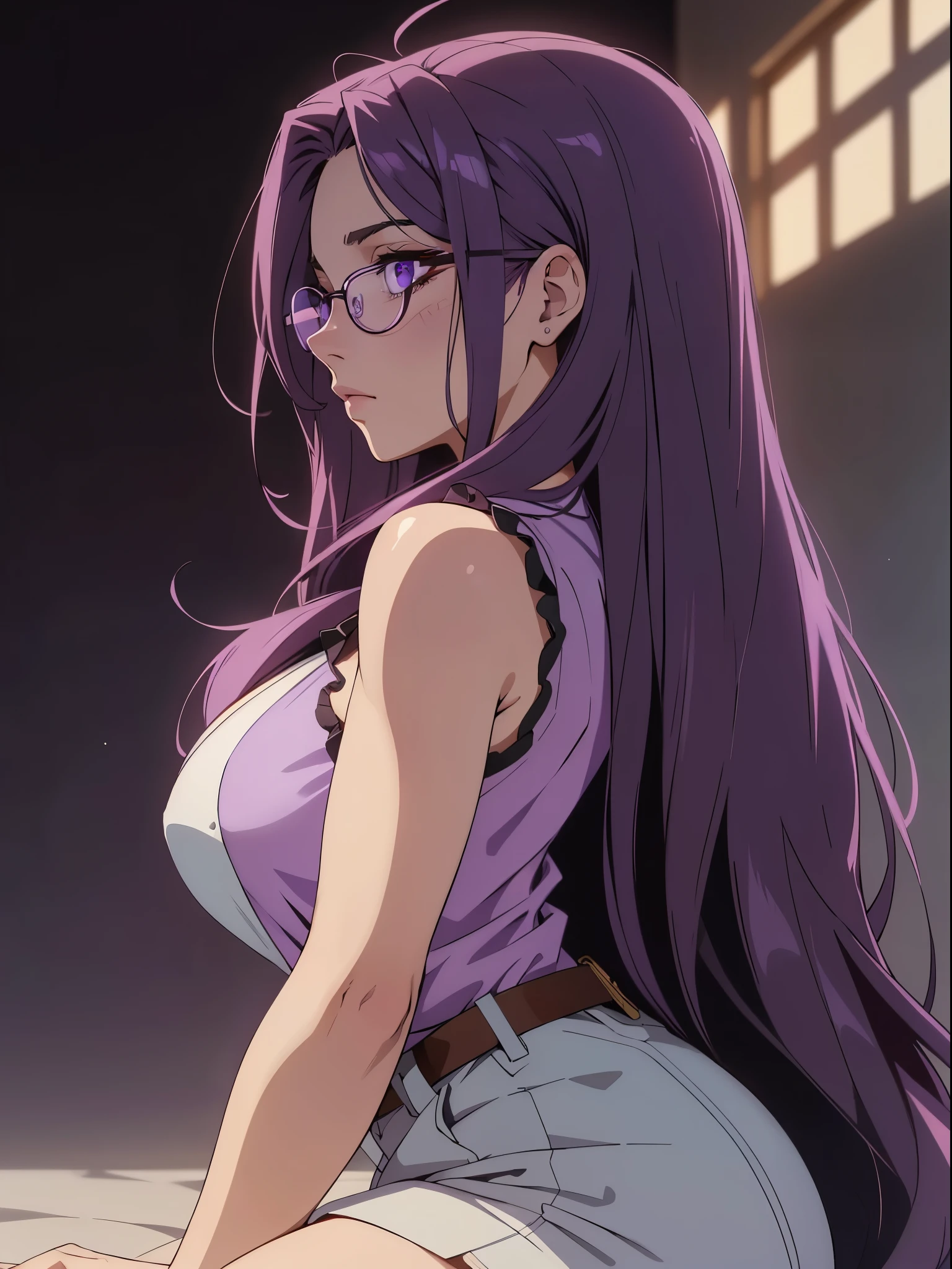 (1980s anime), beautiful female, perfect eyes, detailed eyes, long hair, ( Long violet hair, violet eyes, eyeglasses, violet sleeveless shirt,eyeglasses, ), (((close-up))), (from side:1.4), POV, (from below), kneeling towards the viewer, down blouse, huge breasts, (skindentation:1.4),, absurdes, extremely detailed face and eyes, beautiful shadow and lighting