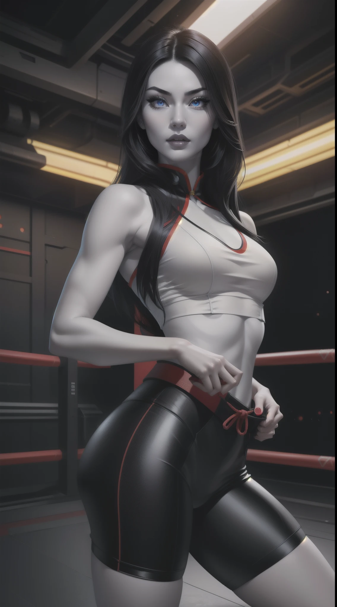 A (Chinese) female, with long dark (black) hair, blue eyes, pale (grey skin), (athletic), tall woman, (alluring fighter), (cute) martial-arts garb, (humanoid) alien, (Sci-fi) fantasy, (medium shot), perfect composition, hyper-detailed, 8K, high quality, (perfect eyes), trending art, sharp focus, studio photo, intricate details, (Pin-up) pose