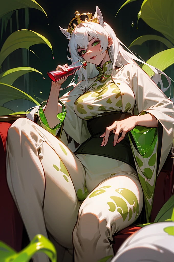 dark scene introducing a sexy busty menacing cruel queen, wearing a frivolous giant fluffy white leopard print coat, holding a huge frivolous and huge wine glass full of a bubbly green liquid, sitting on a bush shaped like a throne in a red/white and oppressive/welcoming landscape of the afterlife