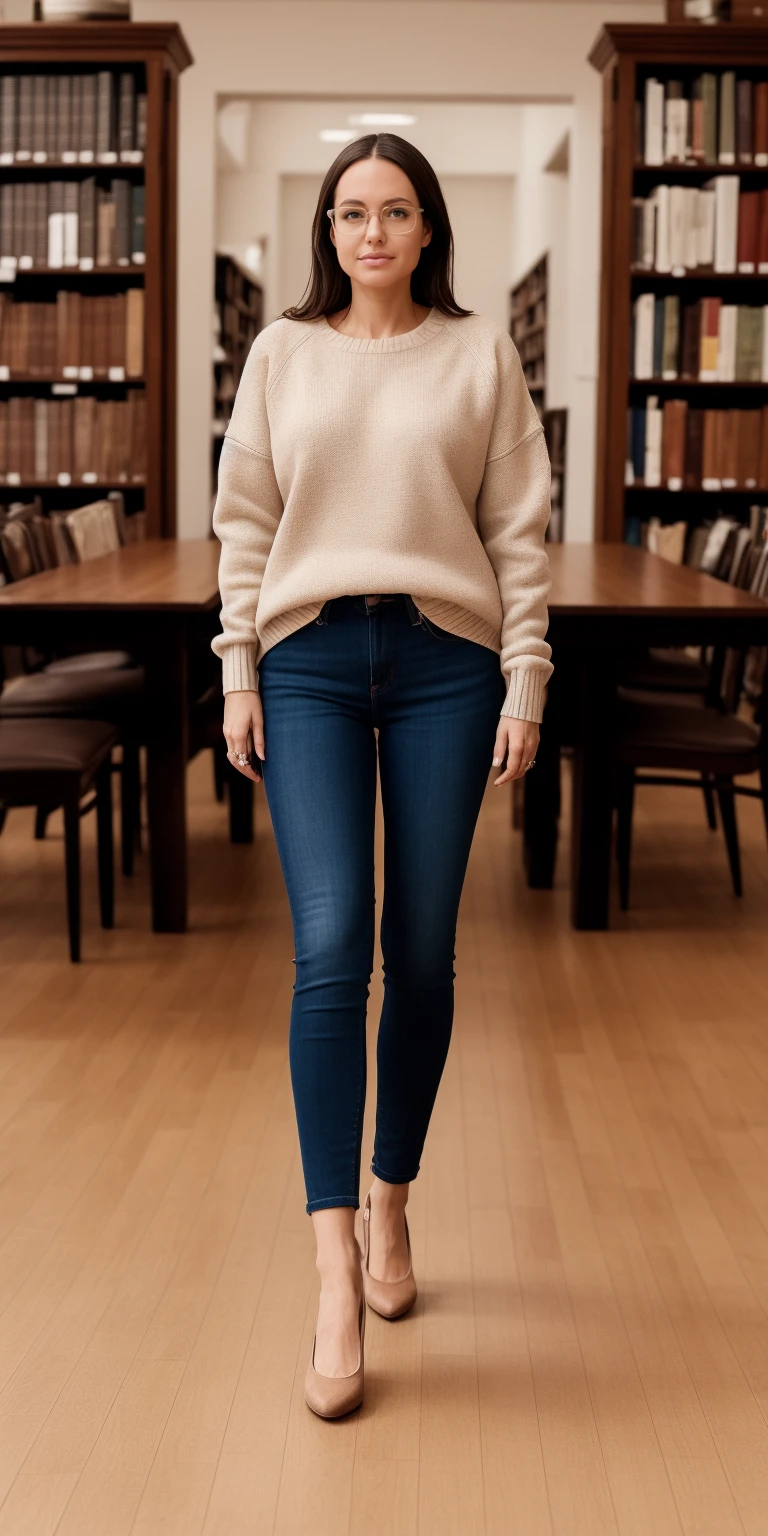 full-body close-up, create an elegant atmosphere, (masterpiece),(best quality), glasses, chakumomi, pov hand, breast grab, (embarrassed),sweater, in library, standing on wood floor