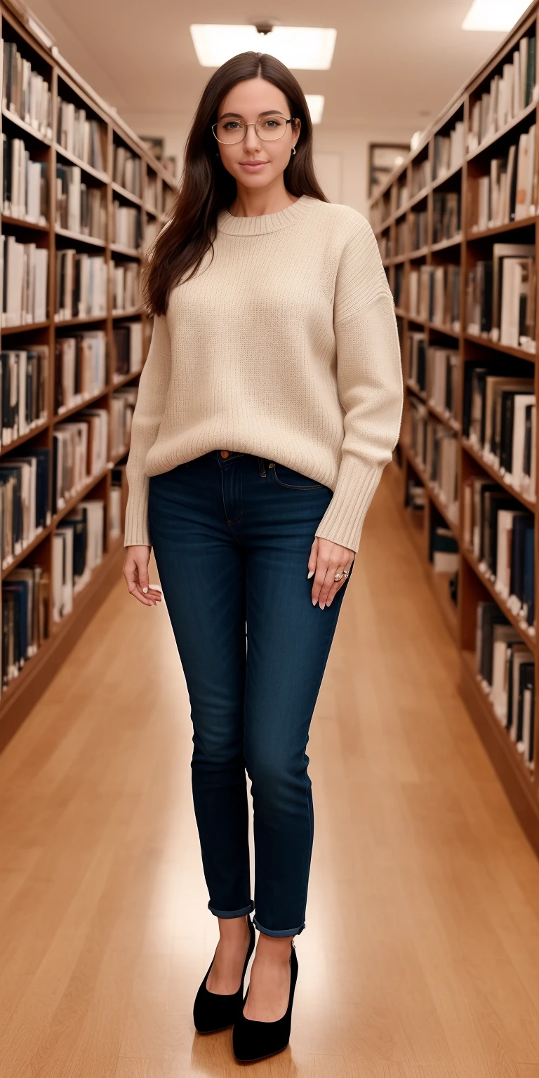 full-body close-up, create an elegant atmosphere, (masterpiece),(best quality), glasses, chakumomi, pov hand, breast grab, (embarrassed),sweater, in library, standing on wood floor