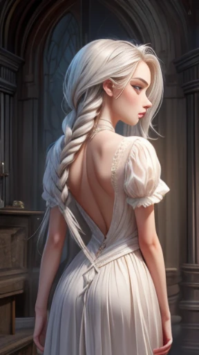 ((masterpiece)), ((best quality)), ((Point of view, from behind):1.6), (medium full shot): 1.0).a woman, 26 years old, ((platinum_hair)), white, silver hair, long hair, with double braids, platinum eyebrows, ((platinum_hair):1.0), girl beautiful, ((perfect_face)), perfect facial proportions, adequate eye size, adequate nose shape, light_green_eyes, fair skin, pale skin, ((perfect_face):1.2), angry expression, serious expression.--ar: 0.4