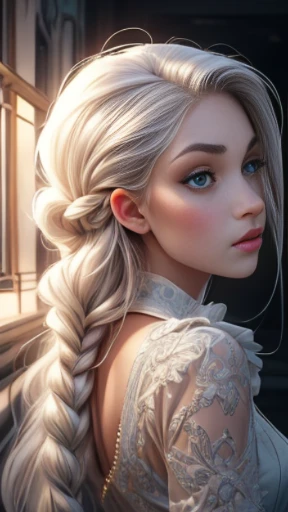 ((masterpiece)), ((best quality)), ((Point of view, from behind):1.6), (medium full shot): 1.0).a woman, 26 years old, ((platinum_hair)), white, silver hair, long hair, with double braids, platinum eyebrows, ((platinum_hair):1.0), girl beautiful, ((perfect_face)), perfect facial proportions, adequate eye size, adequate nose shape, light_green_eyes, fair skin, pale skin, ((perfect_face):1.2), angry expression, serious expression.--ar: 0.4