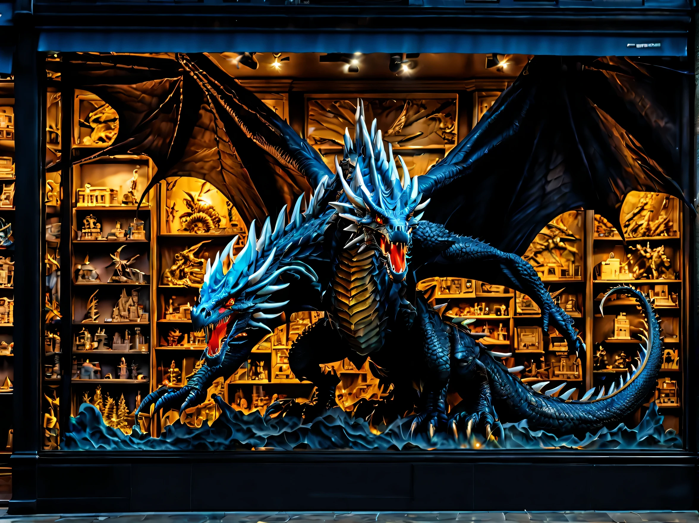 intricate detail illustration, in Toy Store Window glass case Display, figure of fine detail Bahamut inside the glass case, Eyes that shine coldly, beautiful detail eyes, giant wings, single big tail, hovering on upper cloud illustration, dark fantasy like coloring, intricate fine detail brush works, stunning ultra detail render, hot-like smoke with dim glow, frozen motion glass, thunder and flash lightning backdrop, dragon face inspire of face, crazy fantastic scene, true image testament, breathtaking masterpiece, sharpness and clarity unmatched, (((radiosity rendered in stunning 32k resolution:1.3))), highest quality, highly quality, (((inside glass:1.3))), figures lined up,