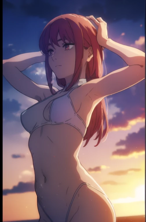 ((((Obra maestra, La mejor calidad, ultrahigh resolution)))), perfect anatomy, 1girl, long hair, red, orange eyes, bunny suit, red bunny suit, Sweating, medium breast, navel, cameltoes, beach background, sunset, two arms up, armpits, exposed armpits, sexy pose, vibrant colors, female, masterpiece, sharp focus, best quality, depth of field, cinematic lighting, (anime screencap:1.4)