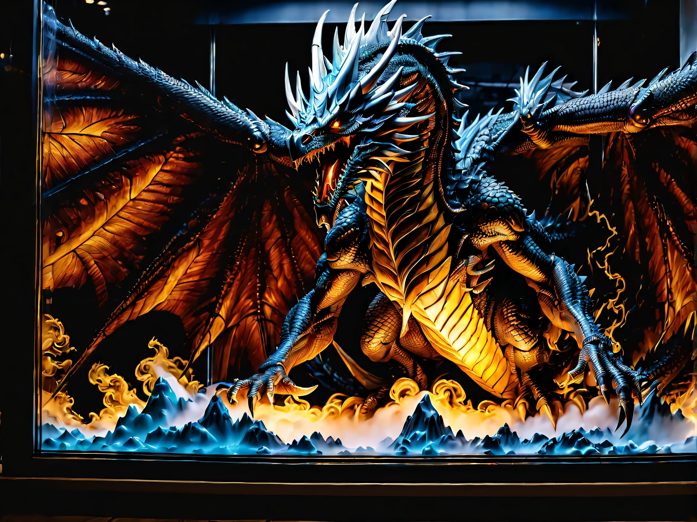 intricate detail illustration, in Toy Store glass Window Display of diorama, figure of fine detail Bahamut, Eyes that shine coldly, beautiful detail eyes, giant wings, single big tail, hovering on upper cloud illustration, dark fantasy like coloring, intricate fine detail brush works, stunning ultra detail render, hot-like smoke with dim glow, frozen motion glass, thunder and flash lightning backdrop, dragon face inspire of face, crazy fantastic scene, true image testament, breathtaking masterpiece, sharpness and clarity unmatched, (((radiosity rendered in stunning 32k resolution:1.3))), highest quality, highly quality, (((inside glass:1.3))),