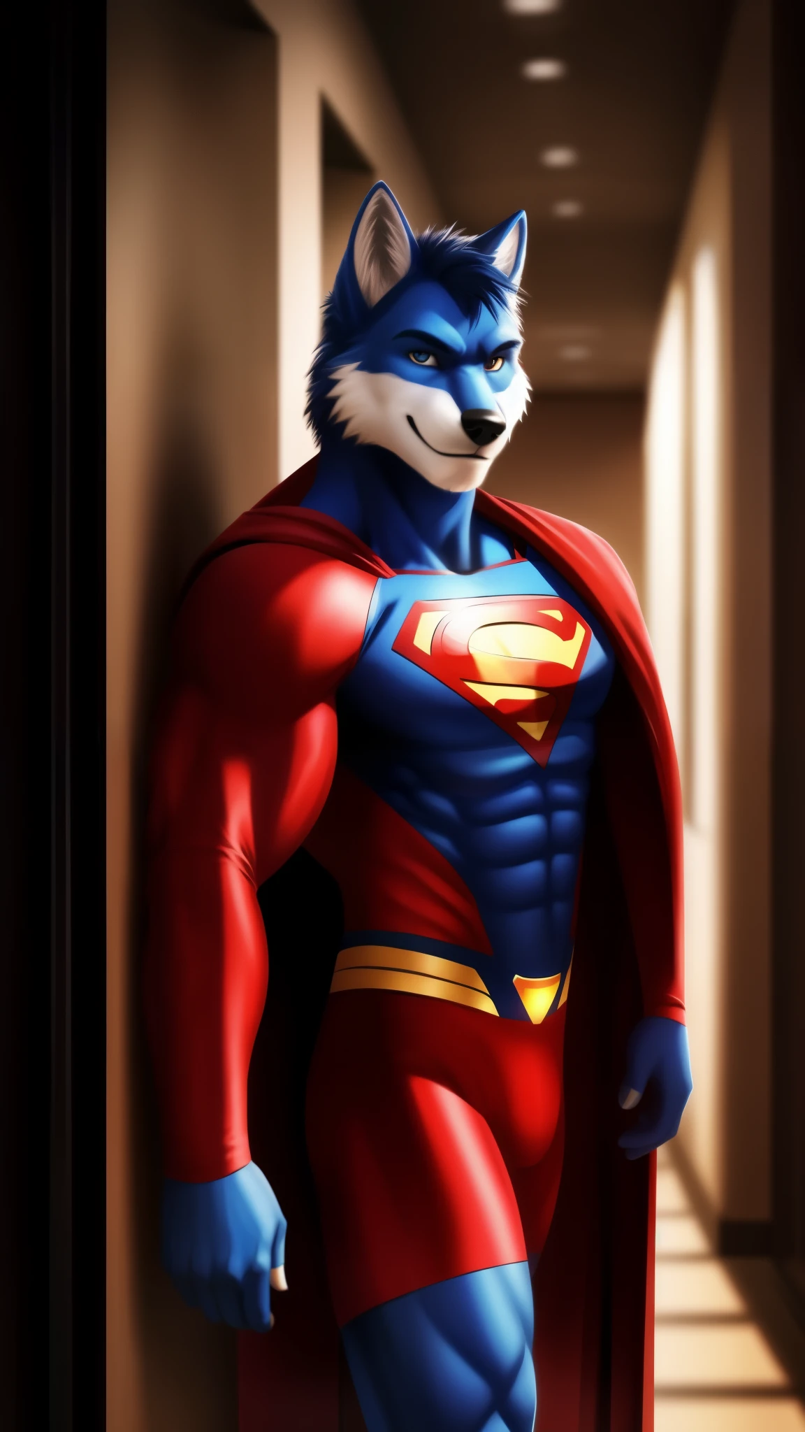 A 32K HDR portrait of a male furry wolf character wearing a Superman cosplay alone in his high school looking at the viewer cool smile muscular realistic hallway background digital art