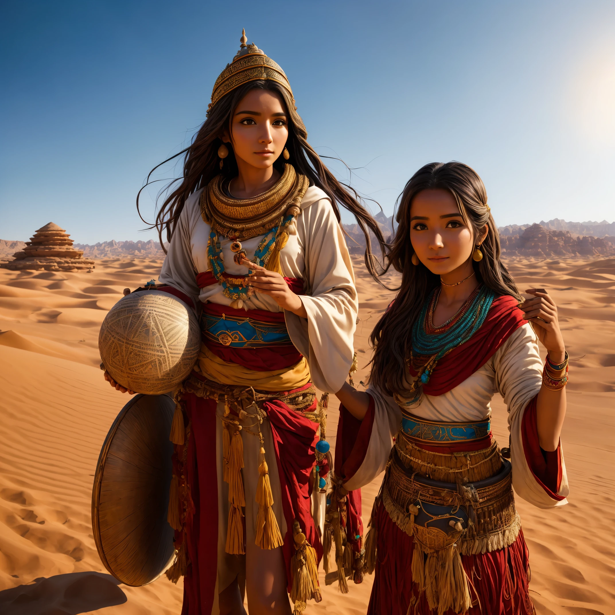 Arafi woman in traditional costume holding small drum in desert, Young woman in shamanic costume, Girl with a sphere, movie「Silk Road」Scenery of, Beautiful Youth, portrait shot, Ancient Princess Reeve, The vanishing line of the desert is under the waist of a woman, The sky is clear and clear.