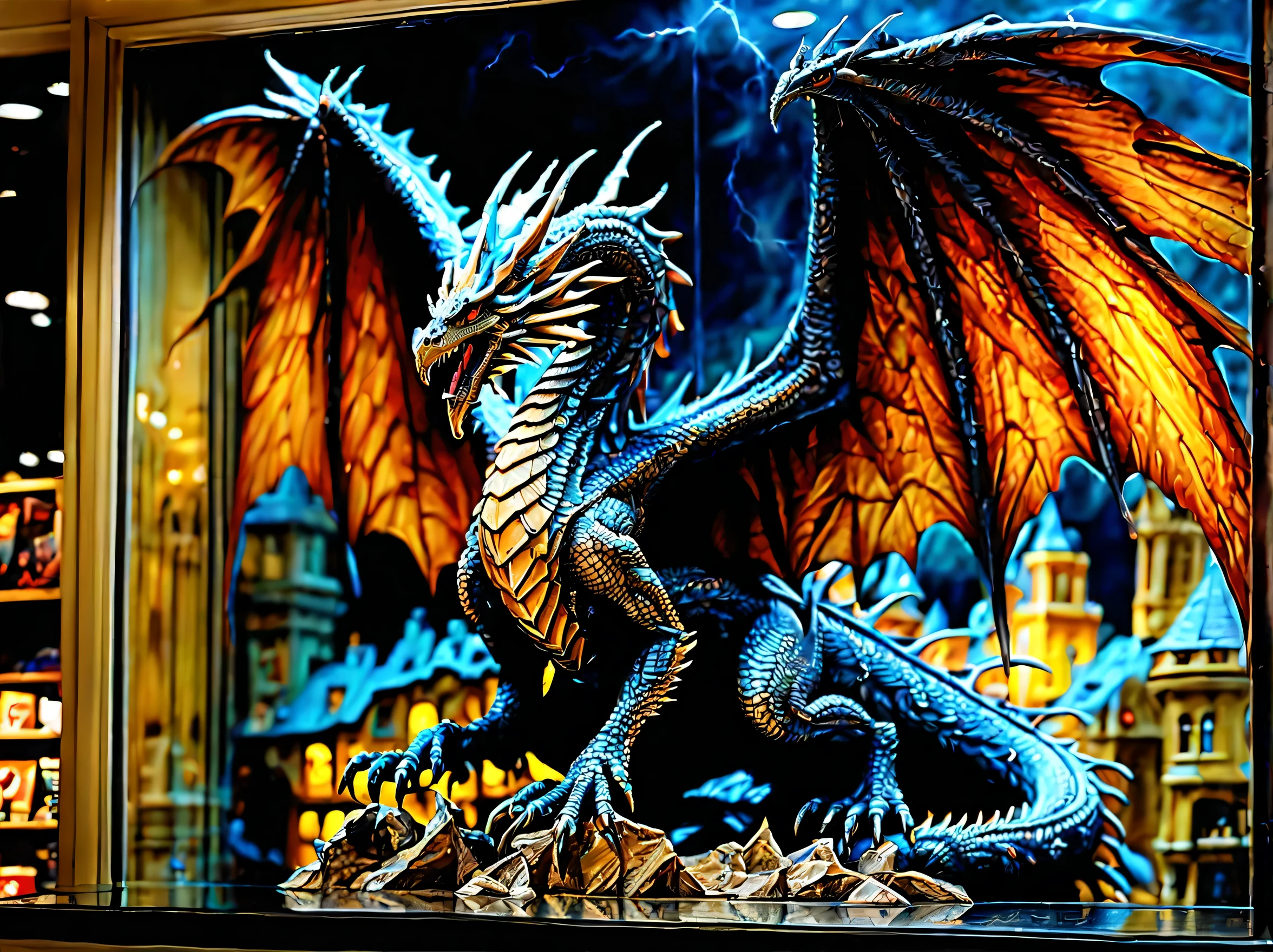 intricate detail illustration, in Toy Store Window glass case Display, figure of fine detail Bahamut inside the glass case, Eyes that shine coldly, beautiful detail eyes, giant wings, single big tail, hovering on upper cloud illustration, dark fantasy like coloring, intricate fine detail brush works, stunning ultra detail render, hot-like smoke with dim glow, frozen motion glass, thunder and flash lightning backdrop, dragon face inspire of face, crazy fantastic scene, true image testament, breathtaking masterpiece, sharpness and clarity unmatched, (((radiosity rendered in stunning 32k resolution:1.3))), highest quality, highly quality, (((inside glass:1.3))), figures lined up,