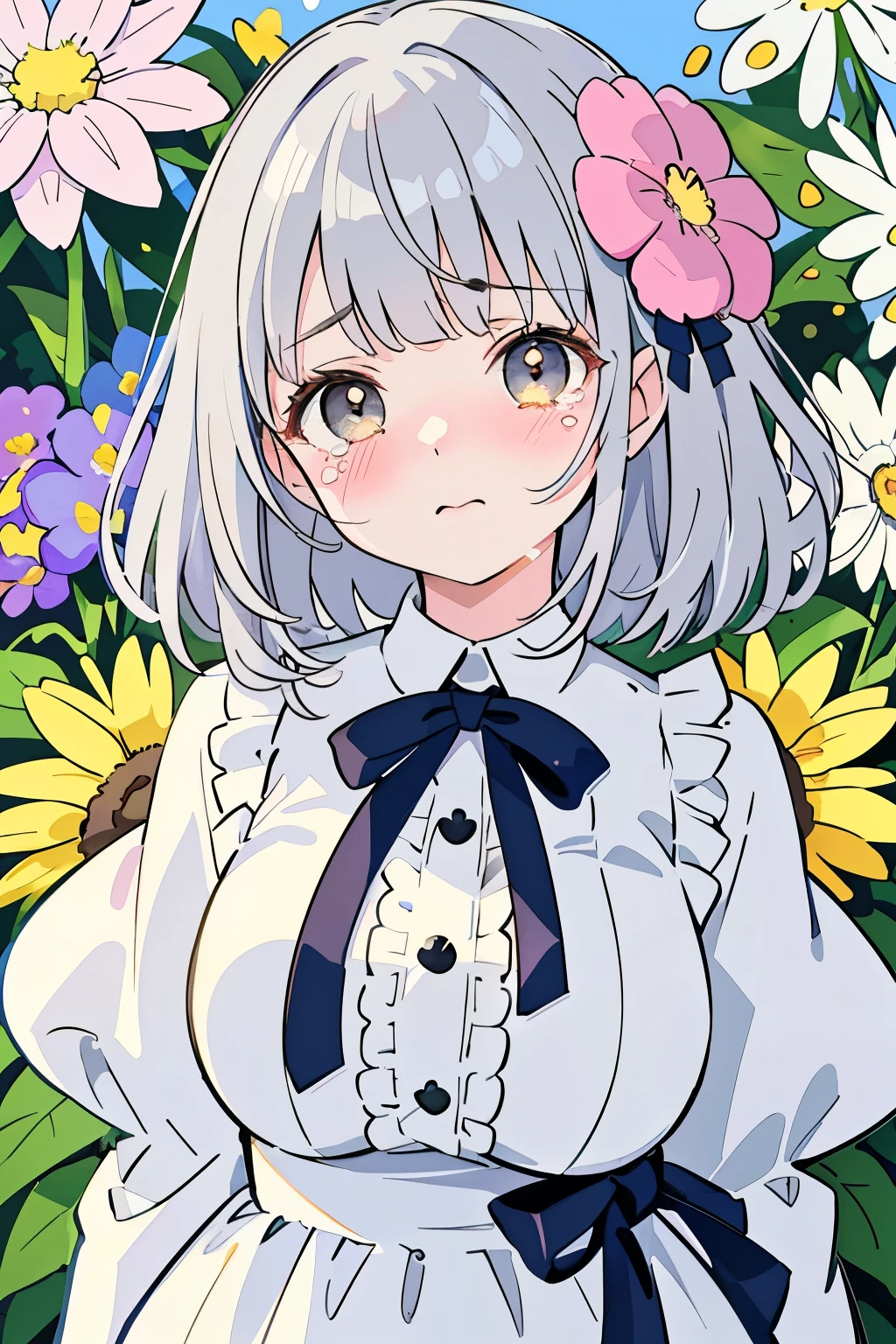  (highest quality), (Super detailed), (whole body: 1.2), 1 girl,cute, (complicated expression),tears in my eyes,(crying with mouth open),(A colorful and cute flower garden:1.3), Cute winter clothes in purple, light blue and white, blush,(gray hair:1.3),(brown eyes:1.2),(Fluffy short hair with a lot of hair),(Fluffy curly hair), (detailed face), Beautiful and detailed eyelid body,cuteポーズ,(close up of face:1.0),(colorful flower blizzard:1.2),(bouquet:1.1),(protruding breasts:1.2),(Beautifully shaped breasts)