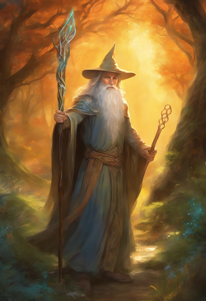 Painting of a young Celtic master wizard, strong and handsome, with staff in hand, pointed hat, well-groomed beard and clear eyes, with a well-built body, ((young Gandalf)), a wizard of incomparable power, with crackling lights and rays of light around you, in the background, a magical Celtic forest.