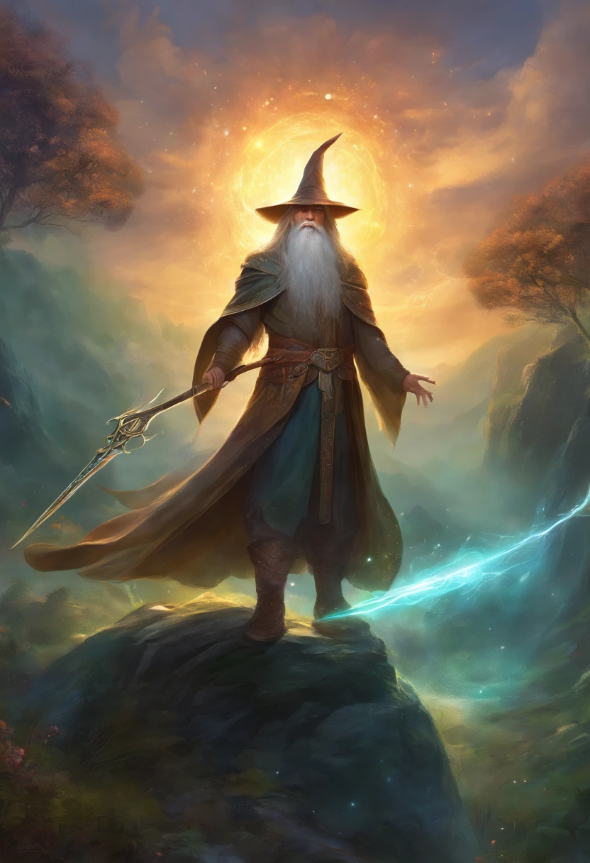 Painting of a young Celtic master wizard, strong and handsome, with staff in hand, pointed hat, well-groomed beard and clear eyes, with a well-built body, ((young Gandalf)), a wizard of incomparable power, with crackling lights and rays of light around you, in the background, a magical Celtic forest.
