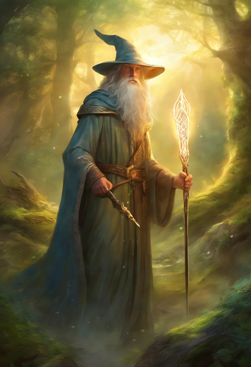 Painting of a young Celtic master wizard, strong and handsome, with staff in hand, pointed hat, well-groomed beard and clear eyes, with a well-built body, ((young Gandalf)), a wizard of incomparable power, with crackling lights and rays of light around you, in the background, a magical Celtic forest.
