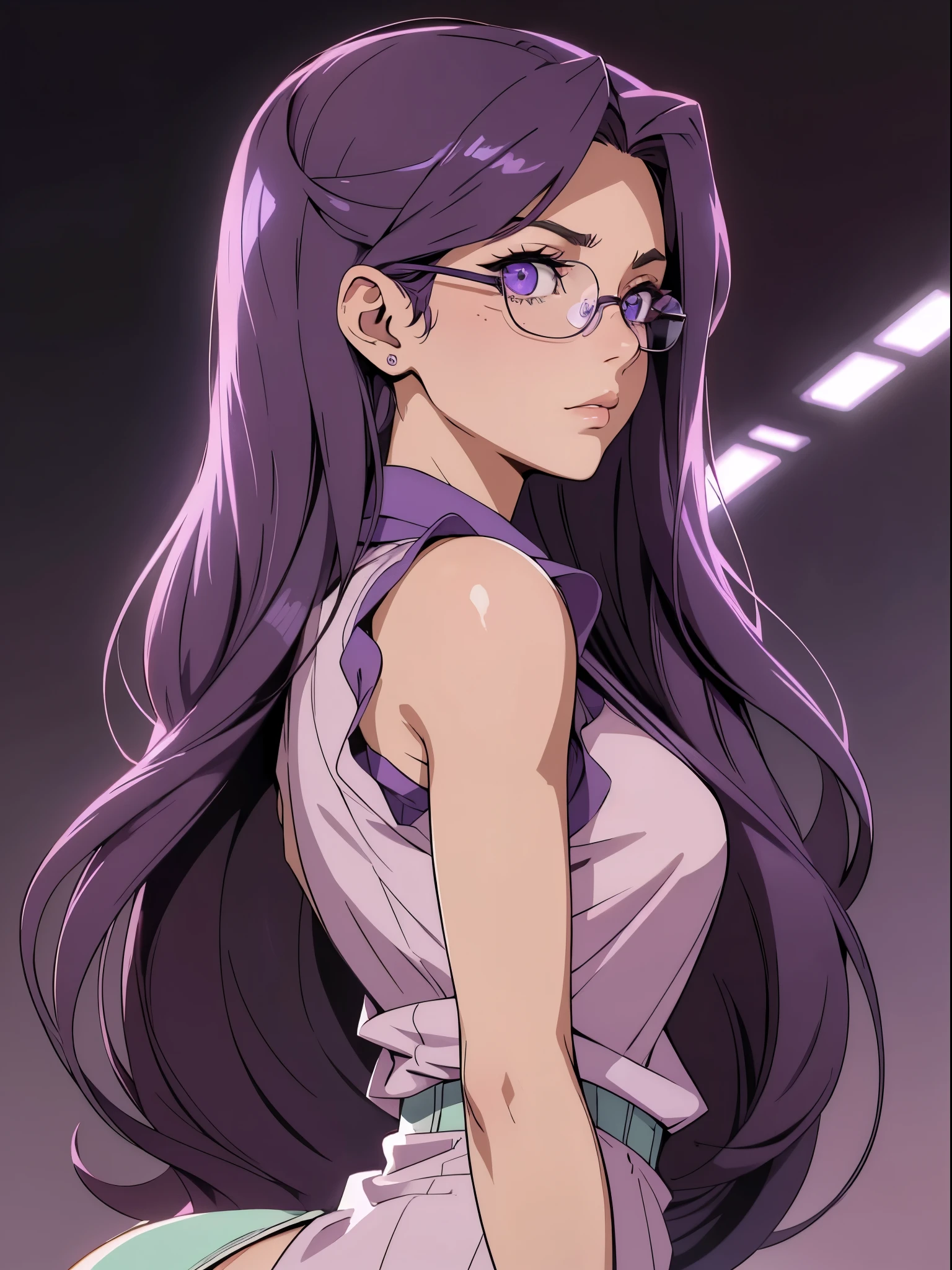 (1980s anime), beautiful female, perfect eyes, detailed eyes, long hair, ( Long violet hair, violet eyes, eyeglasses, violet sleeveless shirt,eyeglasses, ), (((close-up))), (from side:1.4), POV, (from below), kneeling towards the viewer, down blouse, huge breasts, (skindentation:1.4),, absurdes, extremely detailed face and eyes, beautiful shadow and lighting