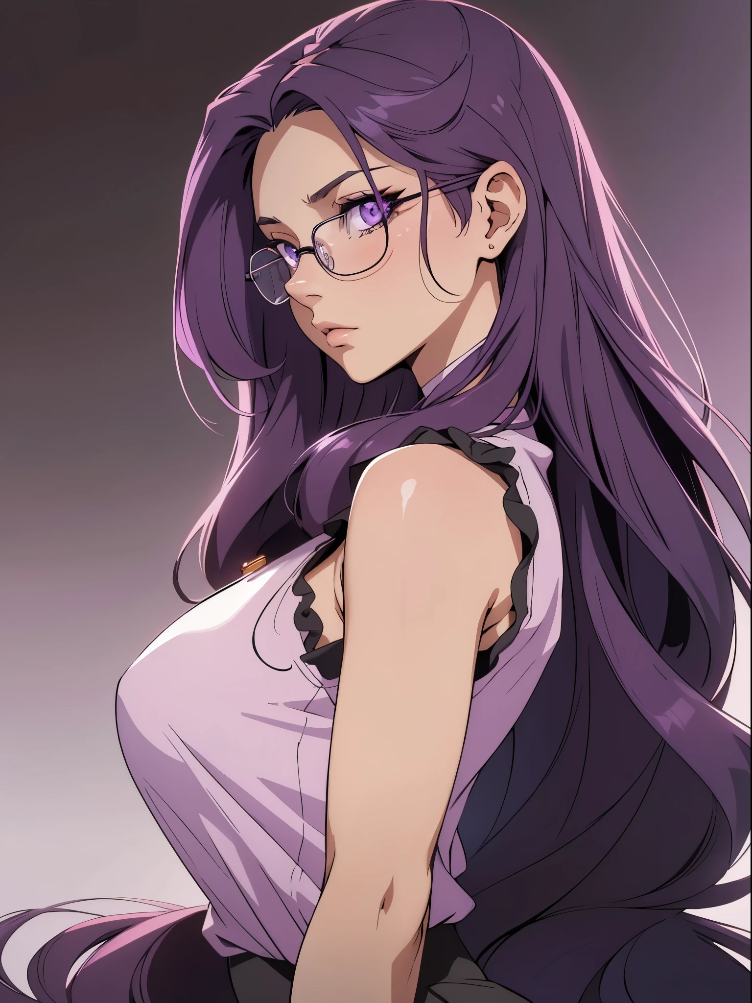 (1980s anime), beautiful female, perfect eyes, detailed eyes, long hair, ( Long violet hair, violet eyes, eyeglasses, violet sleeveless shirt,eyeglasses, ), (((close-up))), (from side:1.4), POV, (from below), kneeling towards the viewer, down blouse, huge breasts, (skindentation:1.4),, absurdes, extremely detailed face and eyes, beautiful shadow and lighting
