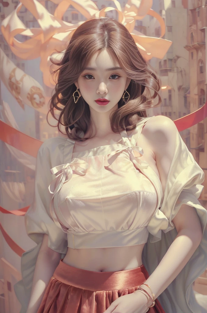 Woman((30year old)), hair((brown, long, straight)), hazel eyes, clothes((velvet, crop-top, long skirt)), accessories ((ribbon, earrings)), gigantic breast, big boobs, smiling, background,