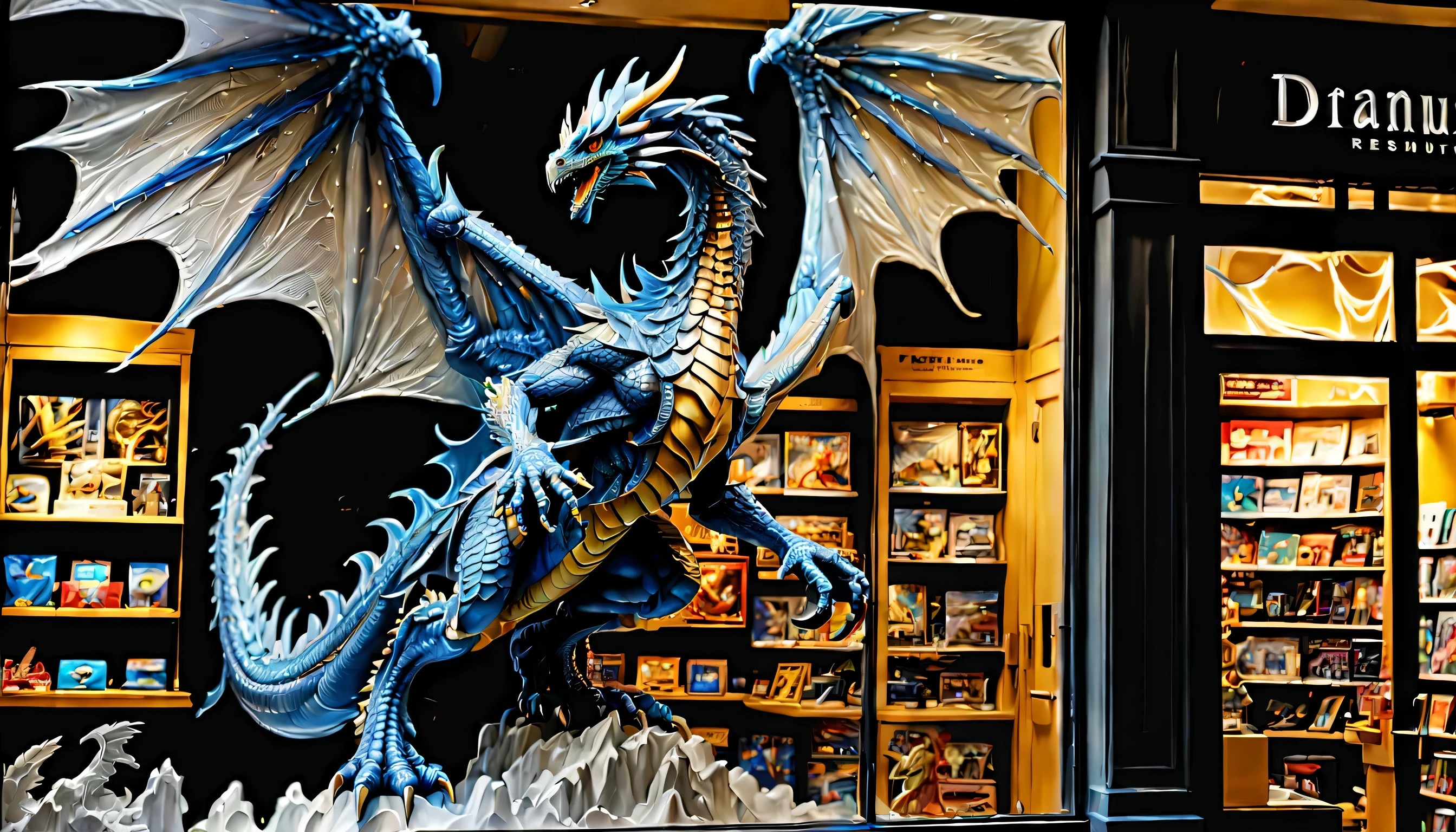 intricate detail illustration, in Toy Store Window glass case Display, figure of fine detail Bahamut inside the glass case, Eyes that shine coldly, beautiful detail eyes, giant wings, single big tail, hovering on upper cloud illustration, dark fantasy like coloring, intricate fine detail brush works, stunning ultra detail render, hot-like smoke with dim glow, frozen motion glass, thunder and flash lightning backdrop, dragon face inspire of face, crazy fantastic scene, true image testament, breathtaking masterpiece, sharpness and clarity unmatched, (((radiosity rendered in stunning 32k resolution:1.3))), highest quality, highly quality, (((inside glass:1.3))), figures lined up,