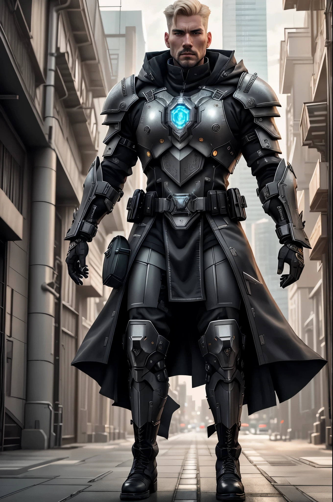 (Best Quality, 8K, Masterpiece, Ultra HD: 1.3, Ultra quality cinematic lighting, Huge detail, Well lit, 35mm, sharp, hyper realistic, epic scale, insane level of details), 1man, a futuristic-looking male military commander, (looking to the camera), photo of (large Latino men) with very short ((blonde)) hair and (wide round face), very detailed realistic face, very detailed realistic eyes, (((face lit well))), face focus, (no helmet:1.5), wearing a pair of (iron grey gloves) and (black military boots), dressed in (grey armor without helmet), standing in cyberpunk city