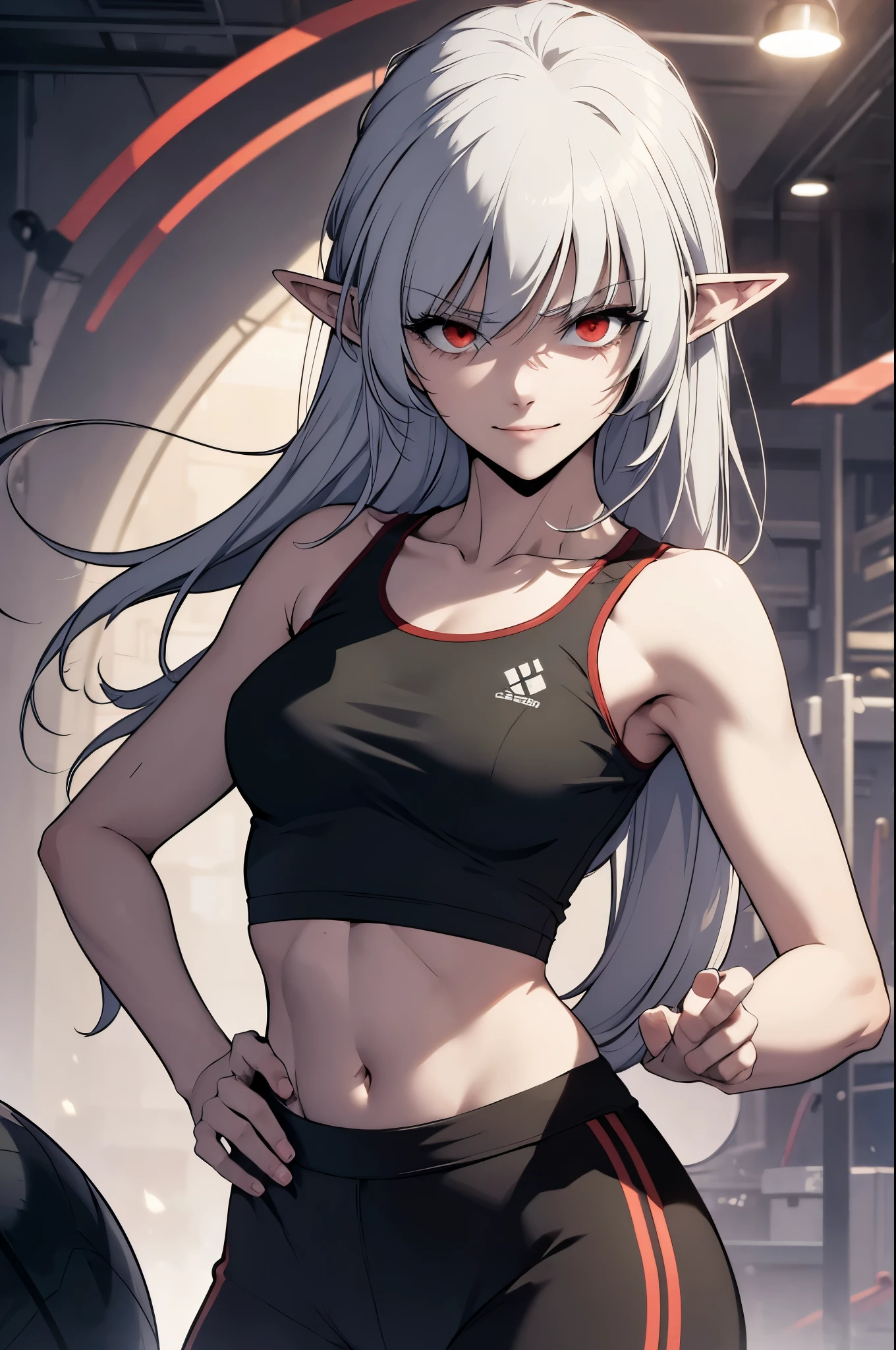 alice,vampire,grey hair, long hair, red eyes, pointy ears, small breasts,, best quality, photorealistic, yujiasuit, yoga sports bra, yoga pants, 1girl, solo, , yoga ball, pants, looking at viewer, smile, green sports bra, simple background, , midriff, long hair, breasts, green pants, sportswear, tank top, upper body,
