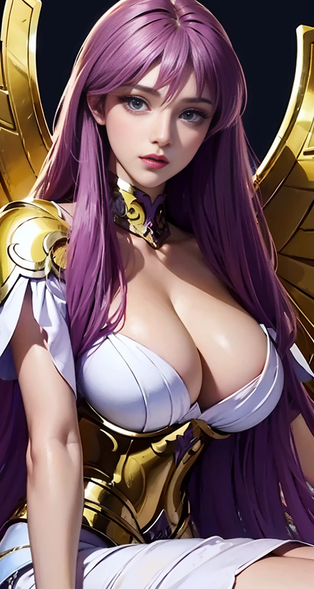 beautiful lighting,best quality,masterpiece,ultra highres,photorealistic,
(soft_light:1.5),(lighting),delicate elegance,captivating beauty,tender poise,enchanting,
1girl,solo,((huge breasts:1.2)),Kido_Saori,(athenaCloth_armor:1.1),Lavender hair,(hair between eyes:1.2),sitting,looking at viewer,Simple background,