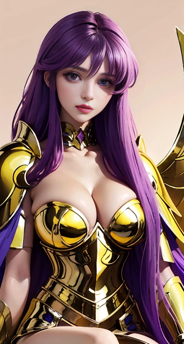 beautiful lighting,best quality,masterpiece,ultra highres,photorealistic,
(soft_light:1.5),(lighting),delicate elegance,captivating beauty,tender poise,enchanting,
1girl,solo,((huge breasts:1.2)),Kido_Saori,(athenaCloth_armor:1.1),Lavender hair,(hair between eyes:1.2),sitting,looking at viewer,Simple background,