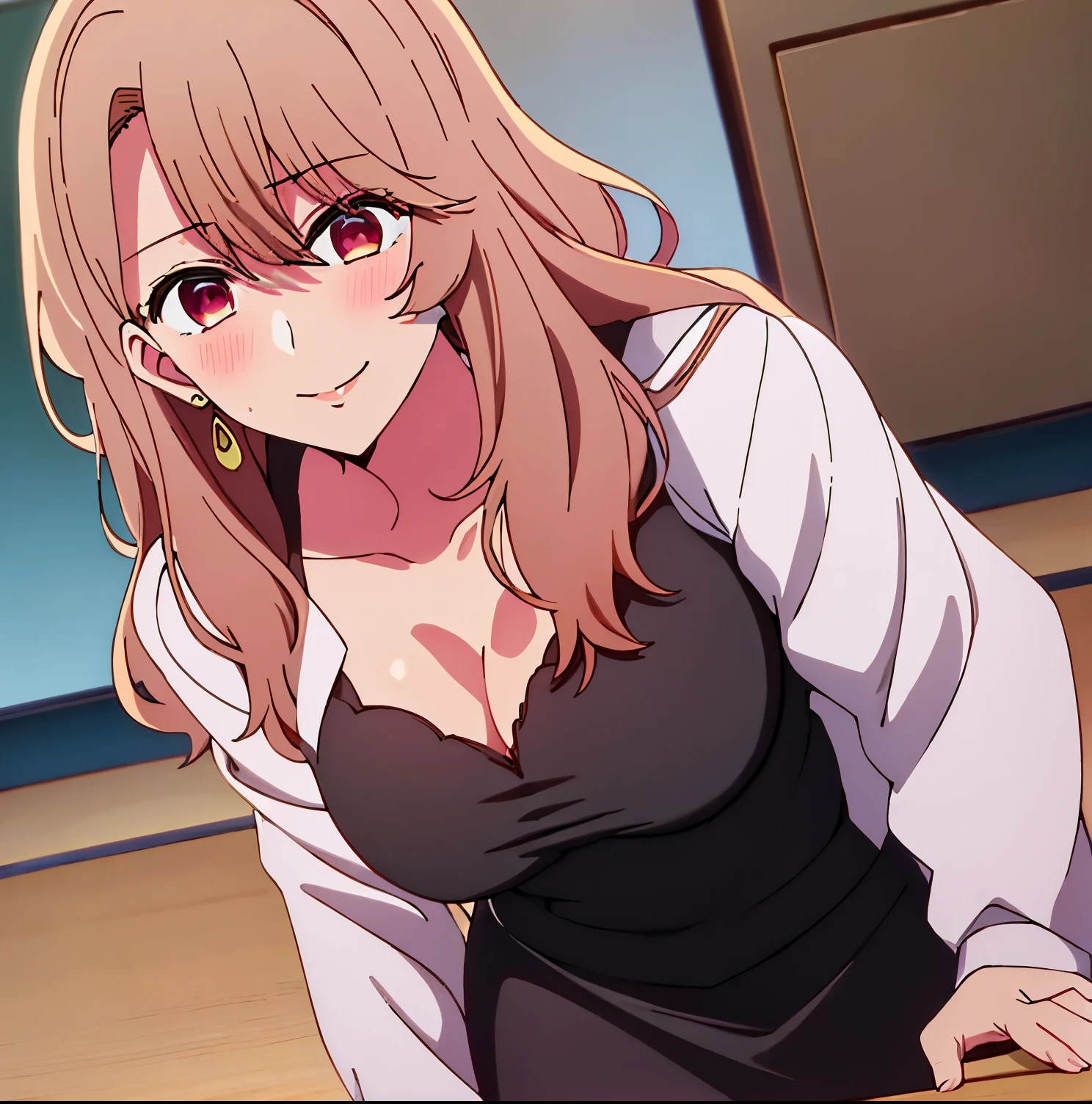 best quality, masterpiece, (mature female:1.1) 1girl, alone, miyako_saitou, long hair, earrings, jewelry, 1girl, black cardigan, white shirt, pencil skirt.  , blush, light smile, closed mouth, cleavage, large breasts,pov (from above), looking at the viewer, embarrassed, seductive, smiling, mouth closed, large breasts, medium waist, wide hips, wide thighs, good anatomy, good hands