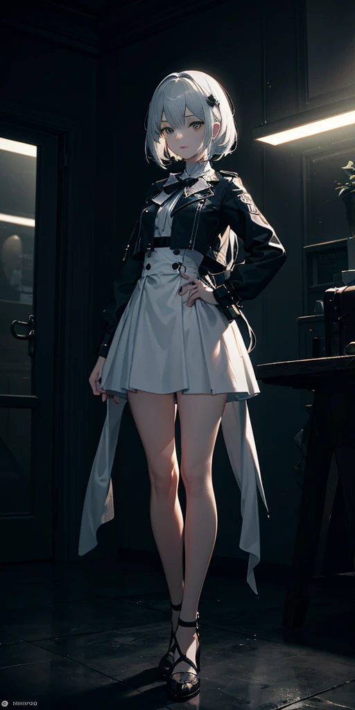 4K，8K，（nmasterpiece），optimum，8k壁紙，插圖，Whole human body，beatifull，Expression of face，beatifull，GameCG，{｛｛Whole human body｝｝}，standing pose，{guru，optimum质量，extremely details CG，Unity8k wallpapers，3D，cinamtic lighting，lense flares｝，（（clearface，Darksystem）），（（Deep）），{Perfectcomposition}，Whitemedium longhair，blackigeyes，{{darkbluefoldeddress｝}｝，whitelapelleathershoelacksole，（（（nmasterpiece））），（（（optimum质量）），stamp，One-eighth renderer，author：Mihoyo，hdr（HighDynamicRange），raytrace，Hyper res，illusory 5，Subsurface scattering，PBR text，post-processed，Anisotropy Filtering，Depth of field，maximum definition and sharpnesultiple layers of text，Reflectance and spectral maps，Surface Coloring，Accurate simulation of light-material interaction，Two-eighths renderer，duotone lighting，.ISO，White balance，blackstockings