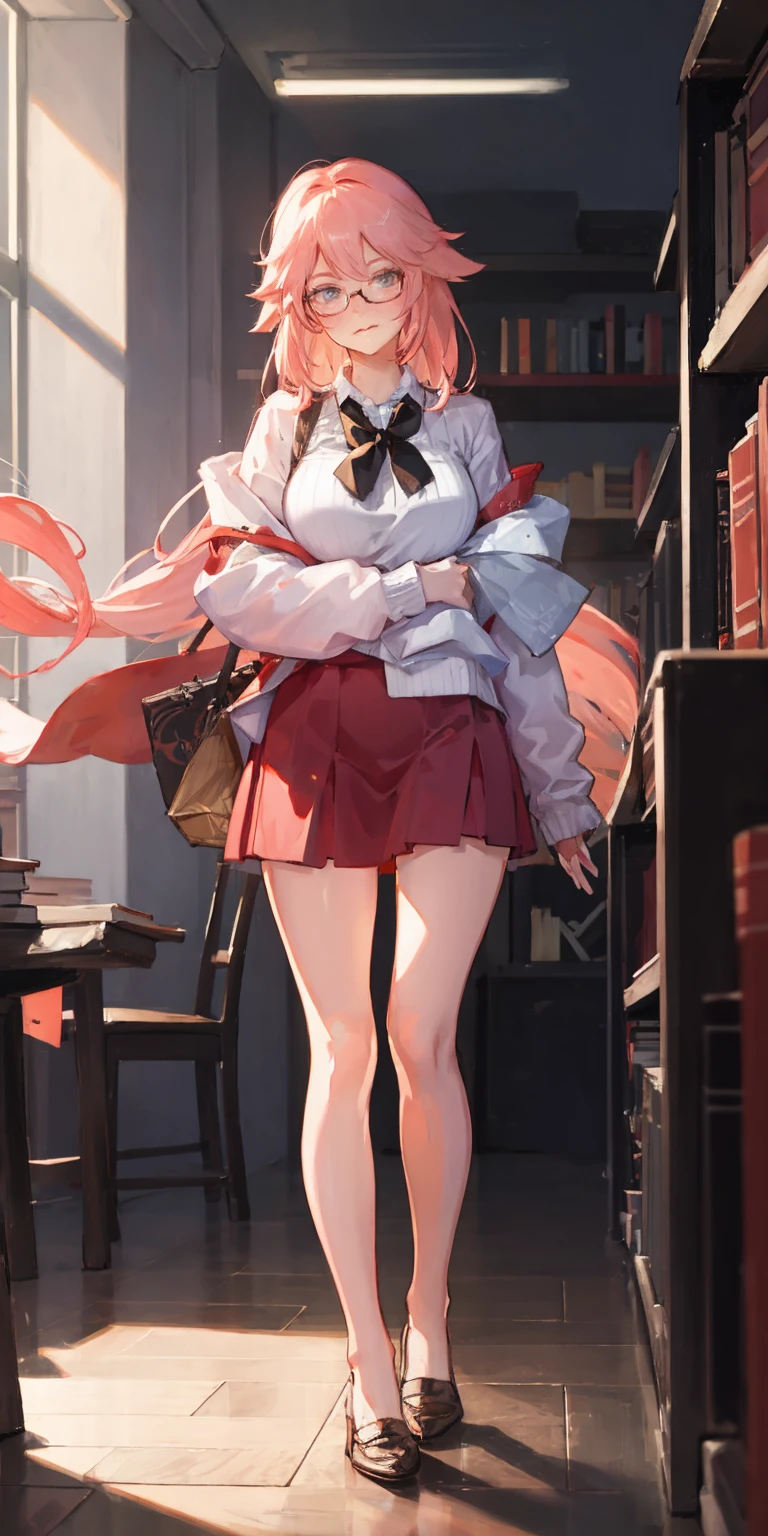 full-body close-up, create an elegant atmosphere, (masterpiece),(best quality), glasses, chakumomi, pov hand, breast grab, (embarrassed),sweater, in library, standing on wood floor