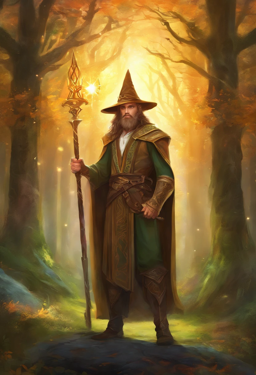 Painting of a young Celtic master wizard, strong and handsome, with staff in hand, pointed hat, well-groomed beard and clear eyes, with a well-built body, ((young)), a wizard of incomparable power, with crackling lights and rays of light around you, in the background, a magical Celtic forest.