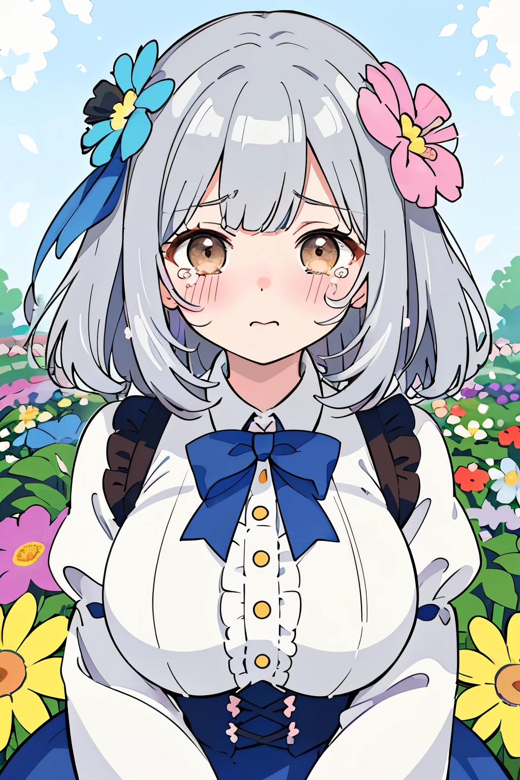  (highest quality), (Super detailed), (whole body: 1.2), 1 girl,cute, (complicated expression),tears in my eyes,(crying with mouth open),(A colorful and cute flower garden:1.3), Cute winter clothes in purple, light blue and white, blush,(gray hair:1.3),(brown eyes:1.2),(Fluffy short hair with a lot of hair),(Fluffy curly hair), (detailed face), Beautiful and detailed eyelid body,cuteポーズ,(close up of face:1.2),(colorful flower blizzard:1.2),(bouquet:1.1),(protruding breasts:1.4),(Beautifully shaped breasts),(NSFW:1.3),