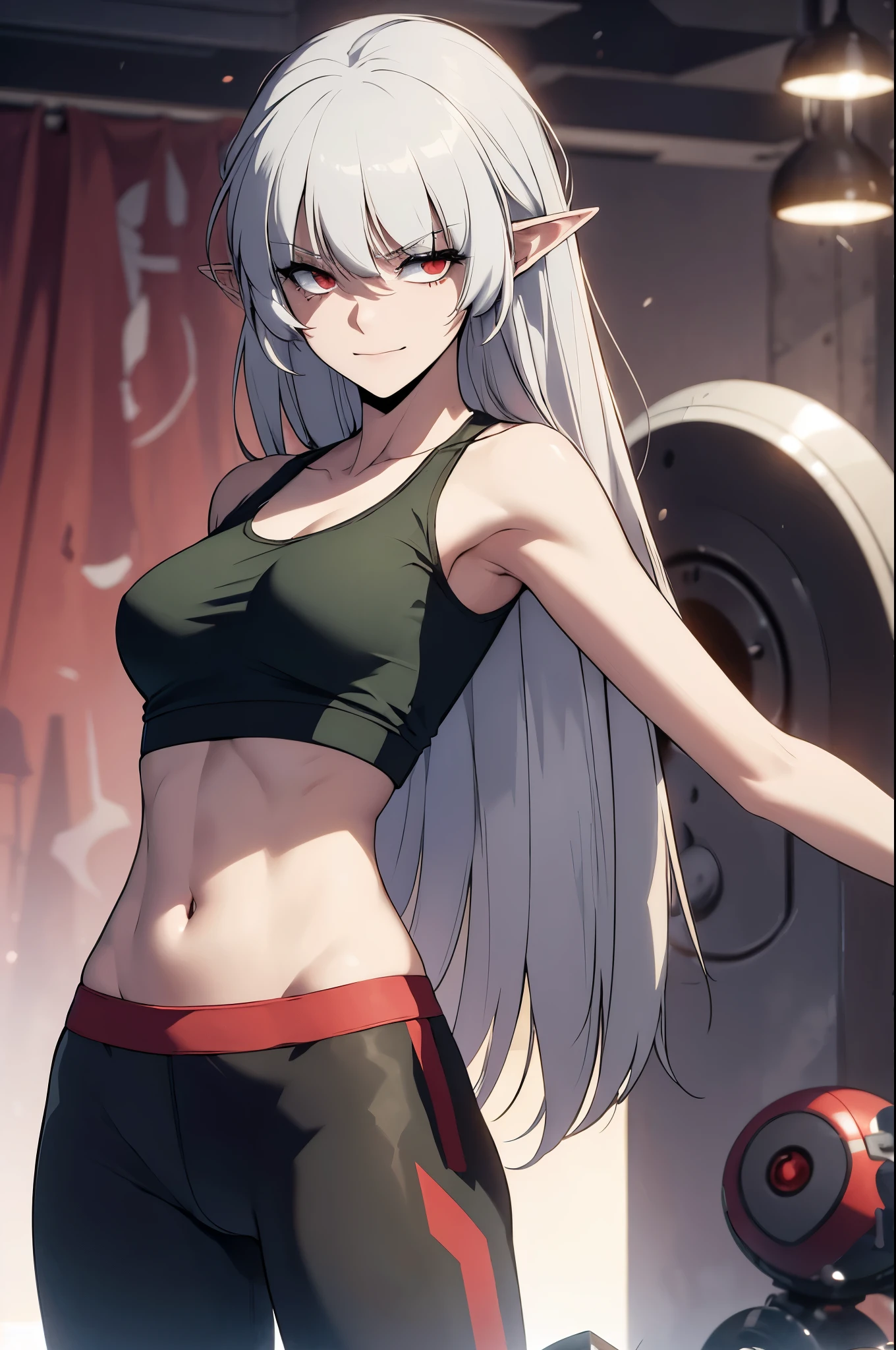 alice,vampire,grey hair, long hair, red eyes, pointy ears, small breasts,, best quality, photorealistic, yujiasuit, yoga sports bra, yoga pants, 1girl, solo, , yoga ball, pants, looking at viewer, smile, green sports bra, simple background, , midriff, long hair, breasts, green pants, sportswear, tank top, upper body,
