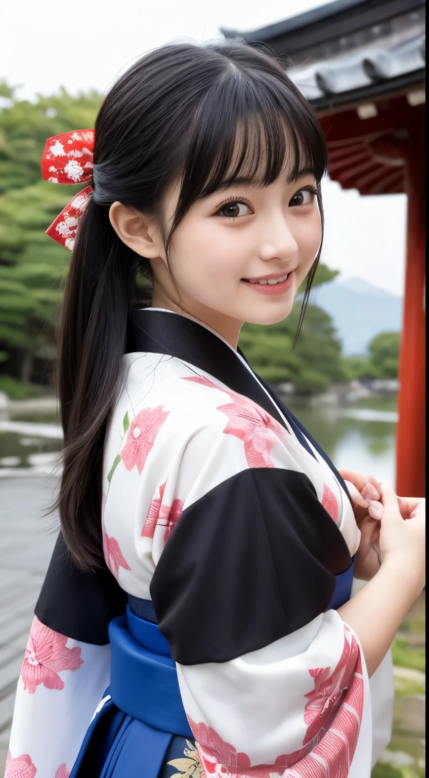 Best-quality, Masterpiece, Ultra-High-Resolution, (Photorealistic:1.4), Raw-Photo, 1girl, -yeld, thost popular Japanese idol, wearing only Japanese-KIMONO with cute-design, dancing at the most famous Japanese shrine, extremely cute face like a most popular Japanese idol, extremely beautiful big-black-eyes, extremely beautiful black-hair, dynamic-pose, innocent smile, detailed Japanese-KIMONO-with-cute-design, detailed most-famous-Japanese-shrine