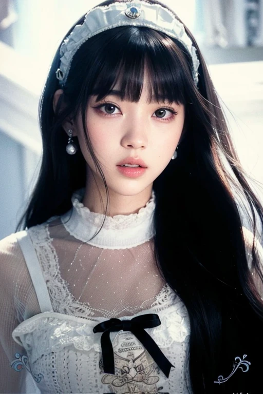 Un primer plano de una mujer con cabello largo con un vestido blanco, Lalisa Manobal, Lalisa Manoban de Blackpink, portrait of jossi de blackpink, she has black hair con flequillo, bae suzy, jossi de blackpink, Jinyoung Shin, con flequillo completo, con flequillo, female korean idol portrait, aparcar desde-min, el corte de hime