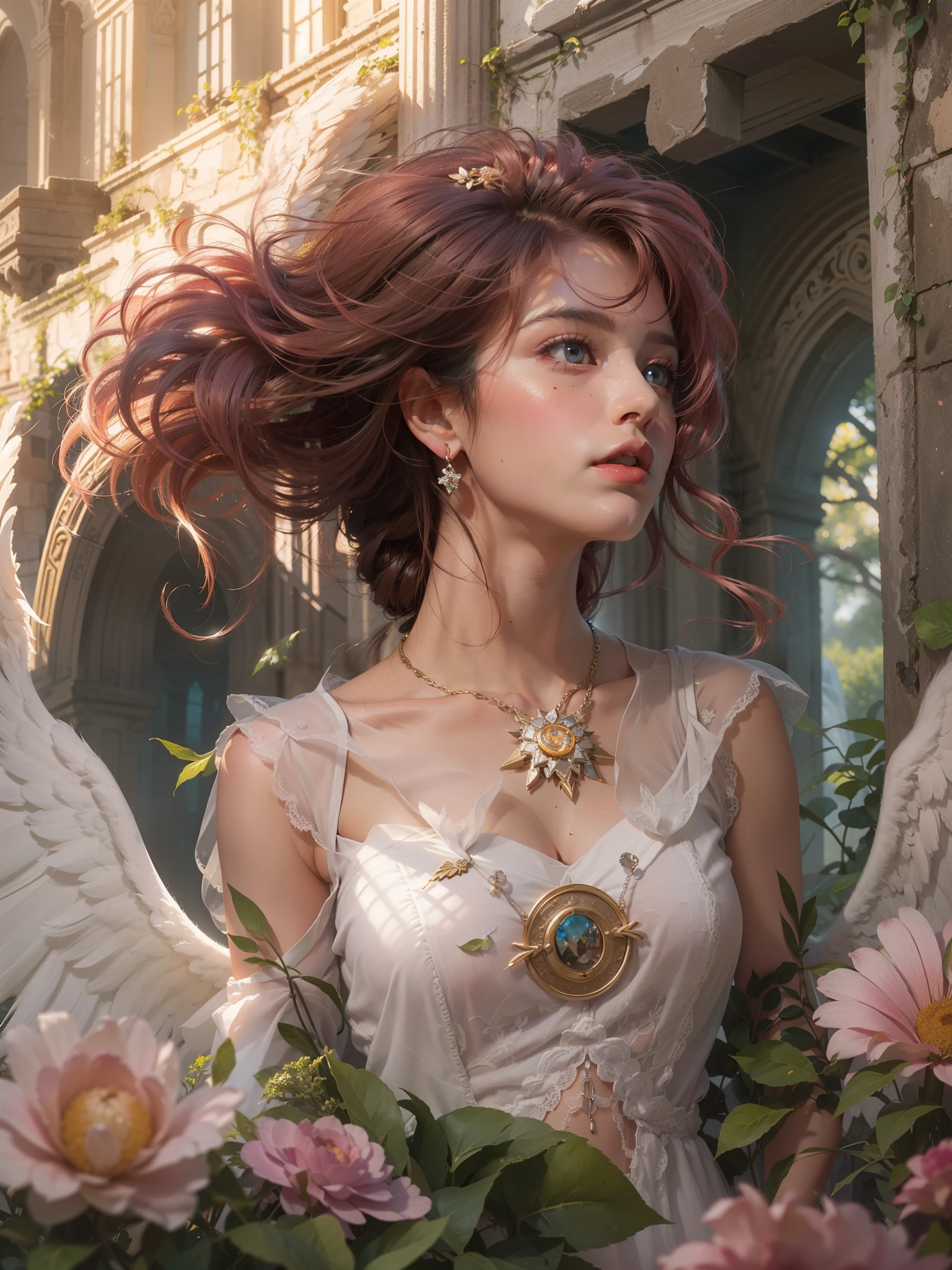 (award-winning masterpieces galore, incredibly detailed, textured and maximally detailed), (hyper realistic:1.4), (realistic:1.3), (top quality realistic textured skin), (dense perfect circle symmetrically beautifully rendered eyes), (angelic light Circle of Divine Radiance Overhead: 1.8), ((Medieval World)), (Black Angel of the Lord or White Angel of the Lord: 1.6), (Full Length Standing Image: 1.8), (Beautiful Kind Eyes), (Loving Beautiful Colored Eyes), (Magnificent Cloud Masses and Sky), (Halo Optical Phenomenon: 1.3), (Dramatic light), (majestic scene), (so beautiful in its expression of serenity and tenderness), ((big old wings with pure white feathers behind shoulders)), flower earrings on ears, (((dramatic photo))), (twilight), (sunset), (dusk), (sacred pose)), (pink hair), (chestnut hair ), flower garden, (elaborately crafted necklace around her neck), old ruins infested with plants, great temple, cathedral, ruins of temple, temple away from temple, (glowing magic circle), ruins of ancient castle, deserted ruins, crumbling ruins, ancient ruins with clear water, holy light, epic realistic, ((neutral color )), (HDR:1.5), (subdued colors:1.2), highly detailed, cinematic, warm light, dramatic light, (complex details:1.1), complex background, petals, pastel colors、Window