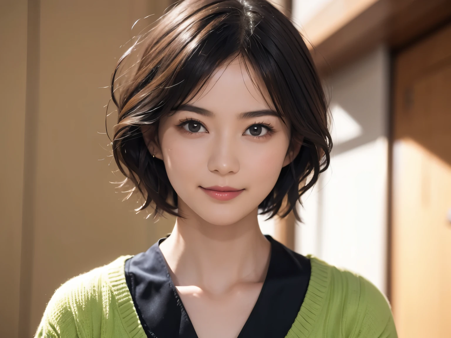 143
(20 year old woman), (surreal), (High level image quality), ((beautiful hairstyle 46)), ((short hair:1.46)), (gentle smile), (breasted:1.1), (lipstick)