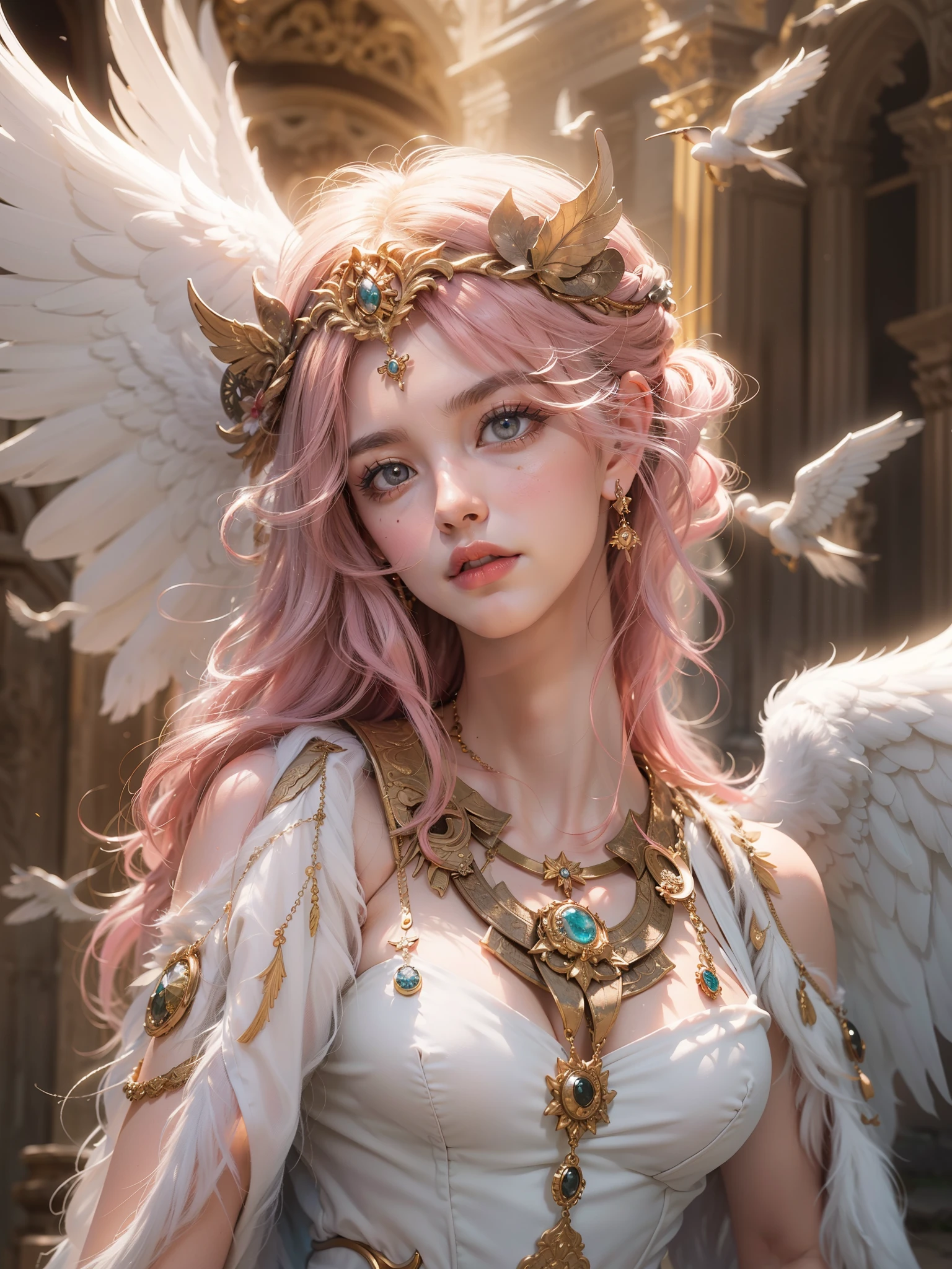 girl, colorfull hairs, goddess, porn, looking at viewer, beautiful, colorfull dress realistic, detailled, Top quality, ultra high resolution, highly detailed face, saint halo, attractive face, modele face, traditional female hairstyle, really long hair, Angel's wings, Big tits. Luxurious necklaces, pace background, ray tracing, full body,