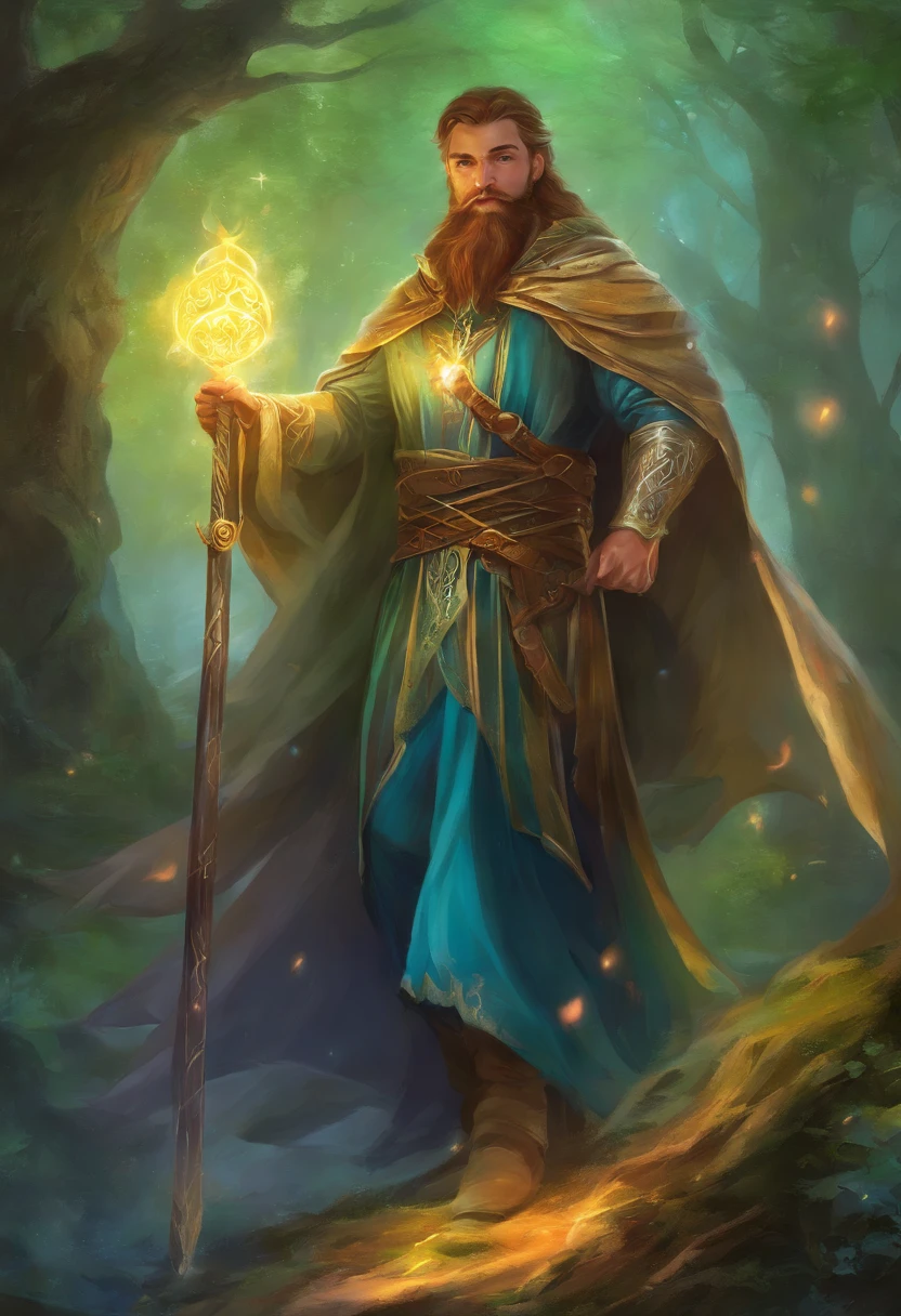 Painting of a young Celtic master wizard, strong and handsome, with staff in hand, pointed hat, well-groomed beard and clear eyes, with a well-built body, ((young)), a wizard of incomparable power, with crackling lights and rays of light around you, in the background, a magical Celtic forest.