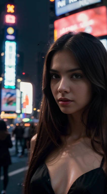 (masterpiece), best quality, ultra high res, close up, slim body, 1girl, long hair, serious, vine glass full of vine , night, new york time square background, colorful lights, photon mapping, radiosity, physically-based rendering, cinematic lighting, , High Detail, Sharp focus, dramatic, photorealistic