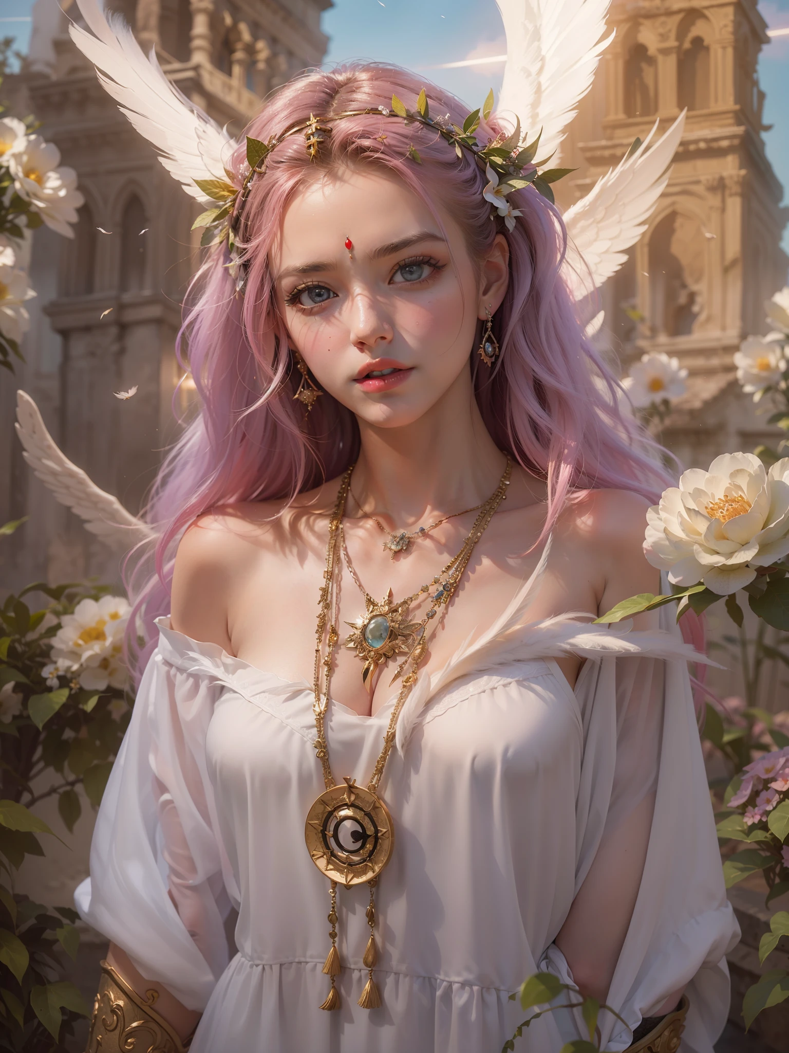 (award-winning masterpieces galore, incredibly detailed, textured and maximally detailed), (hyper realistic:1.4), (realistic:1.3), (top quality realistic textured skin), (dense perfect circle symmetrically beautifully rendered eyes), (angelic light Circle of Divine Radiance Overhead: 1.8), ((Medieval World)), (Black Angel of the Lord or White Angel of the Lord: 1.6), (Full Length Standing Image: 1.8), (Beautiful Kind Eyes), (Loving Beautiful Colored Eyes), (Magnificent Cloud Masses and Sky), (Halo Optical Phenomenon: 1.3), (Dramatic light), (majestic scene), (so beautiful in its expression of serenity and tenderness), ((big old wings with pure white feathers behind shoulders)), flower earrings on ears, (((dramatic photo))), (twilight), (sunset), (dusk), (sacred pose)), (pink hair), (chestnut hair ), flower garden, (elaborately crafted necklace around her neck), old ruins infested with plants, great temple, cathedral, ruins of temple, temple away from temple, (glowing magic circle), ruins of ancient castle, deserted ruins, crumbling ruins, ancient ruins with clear water, holy light, epic realistic, ((neutral color )), (HDR:1.5), (subdued colors:1.2), highly detailed, cinematic, warm light, dramatic light, (complex details:1.1), complex background, petals, pastel colors、Window