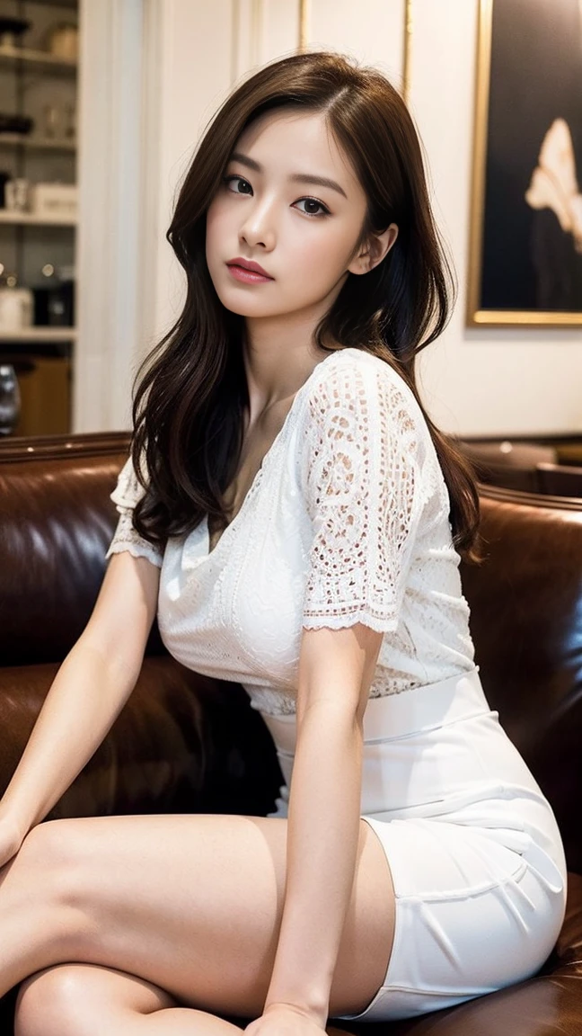 dark brown hair、Light brown eyes、Japanese actress face、 Lady、looks like him&;I'm about 40 years old、(intricate-detail:1.2)、(top-qualy:1.4)、 (Super high resolution:1.2)、Super high resolution、(A detailed eye)、(detailed facial features)、ticker、8K resolution、D-cup size breasts、long hair、forward bending pose、sitting on a sofa in a cafe in paris、Relaxing、white sofa、white table、Gorin thread wall、beautiful legs、Parisian cafe、