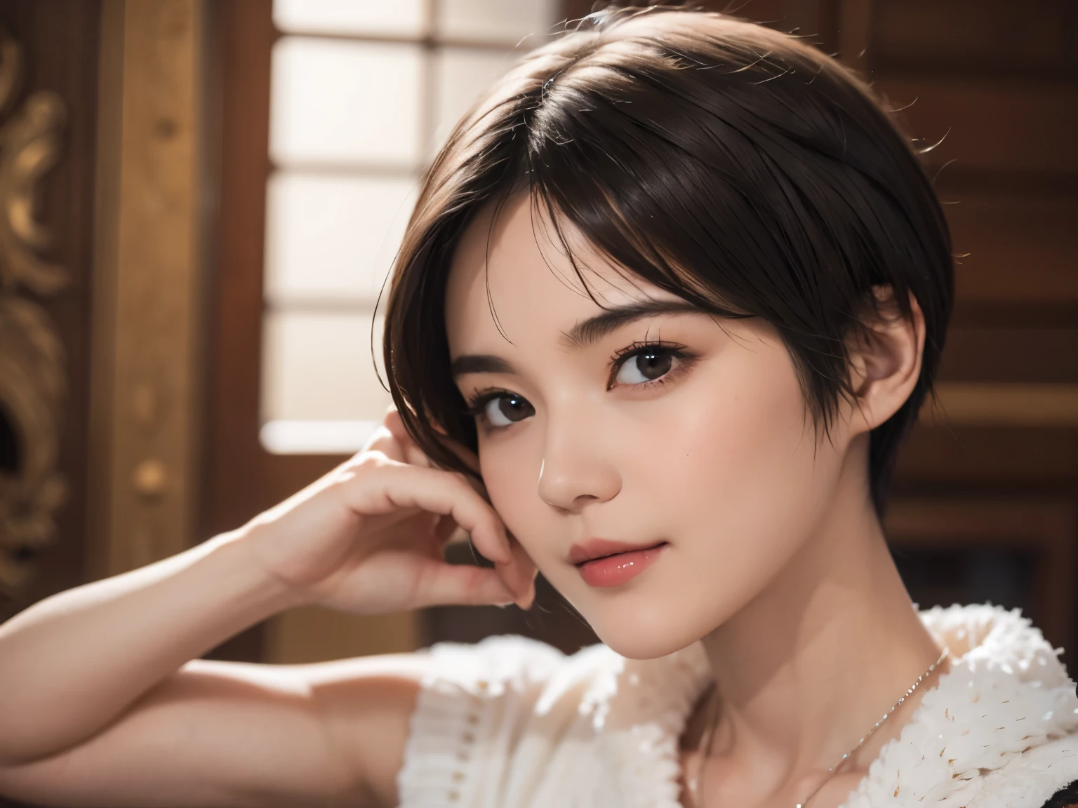143
(20 year old woman), (surreal), (High level image quality), ((beautiful hairstyle 46)), ((short hair:1.46)), (gentle smile), (breasted:1.1), (lipstick)