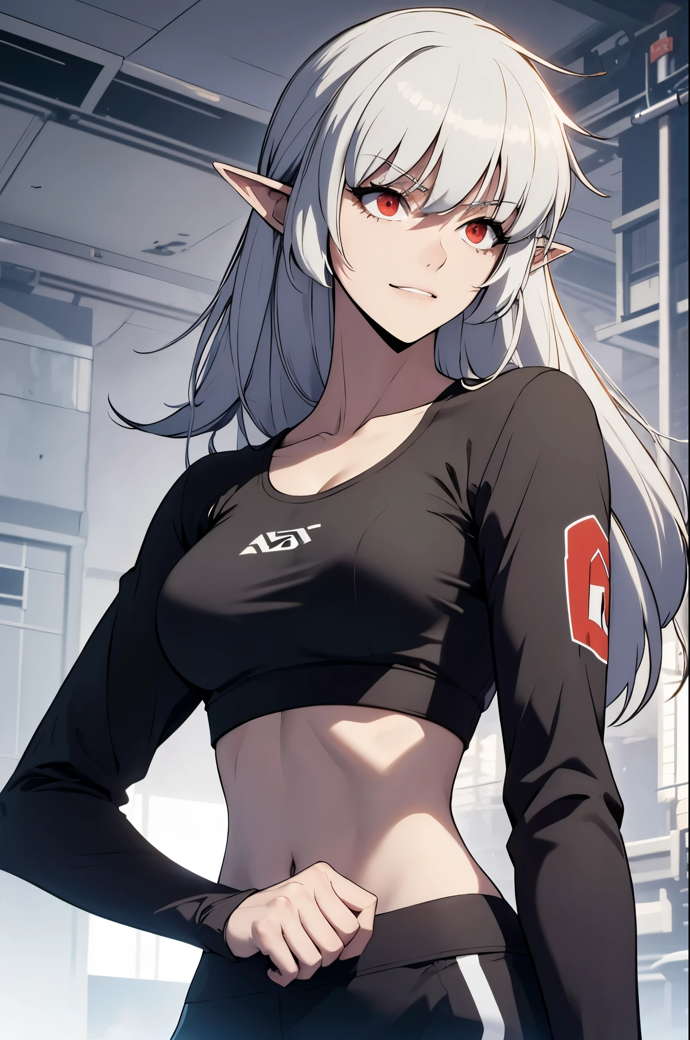 alice,vampire,grey hair, long hair, red eyes, pointy ears, small breasts,, best quality, photorealistic, yujiasuit, yoga sports bra, yoga pants, 1girl, solo, , yoga ball, pants, looking at viewer, smile, green sports bra, simple background, , midriff, long hair, breasts, green pants, sportswear, tank top, upper body,