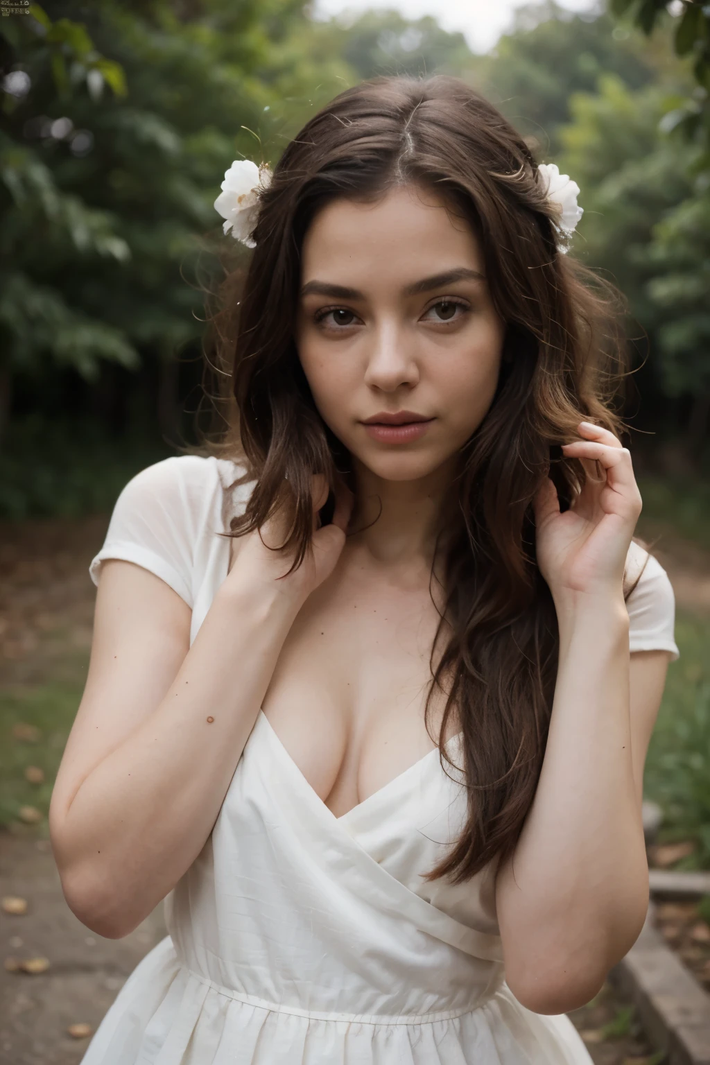 8k beautiful Irish (()) girl with brown hair, freckles, ((pale skin)), intricate, elegant, highly detailed, majestic, digital photography, athletic, bridal veil, ((naked)), small breasts, (masterpiece, sidelighting, finely detailed beautiful eyes: 1.2), hdr, in the woods